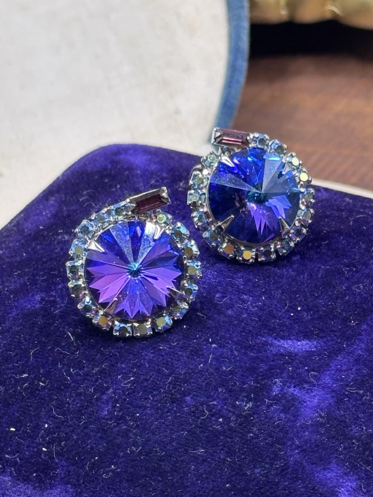 Vintage Rivoli Blue Purple AB Rhinestone Clip On Earrings 0.75”