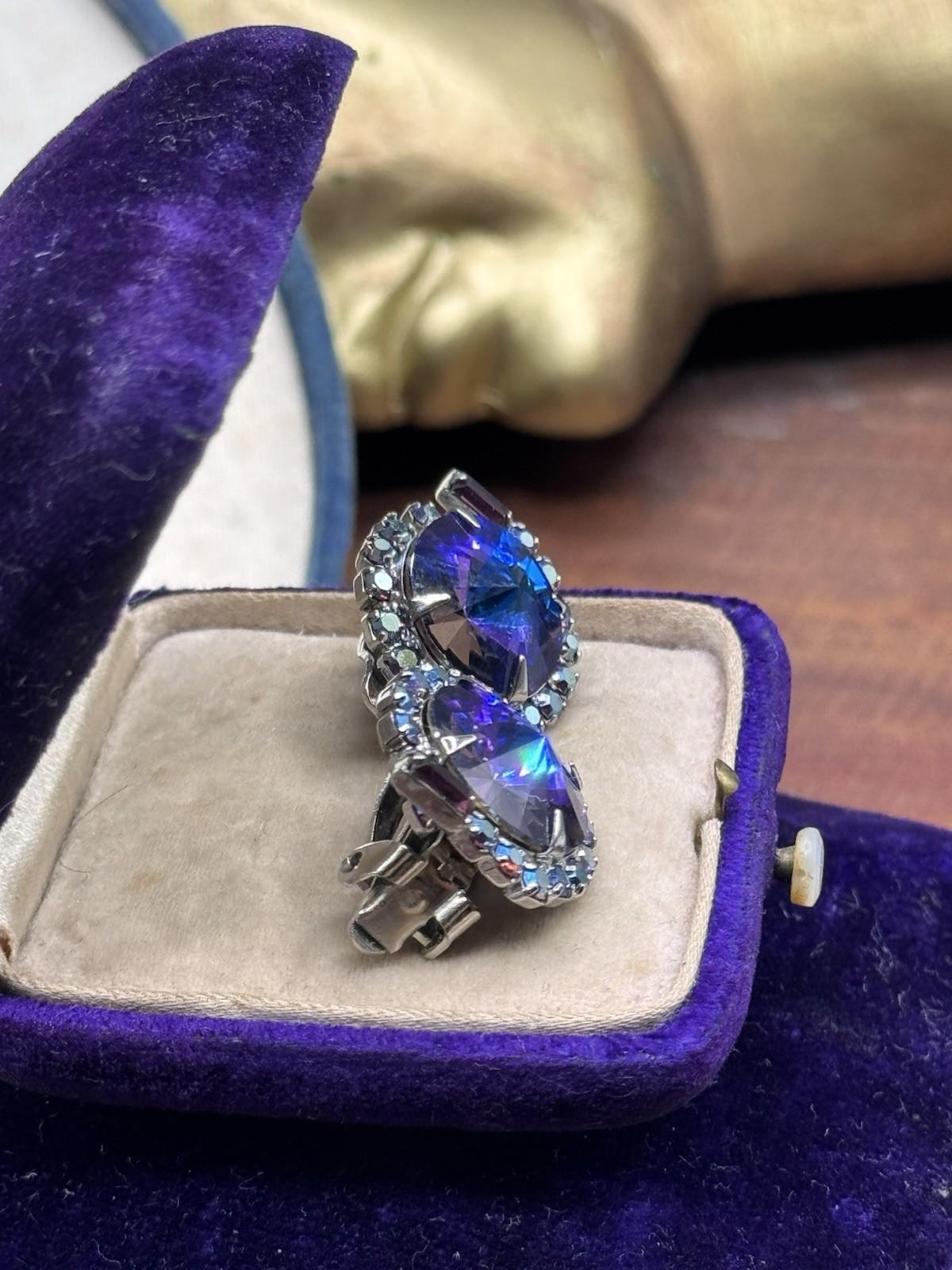Vintage Rivoli Blue Purple AB Rhinestone Clip On Earrings 0.75”