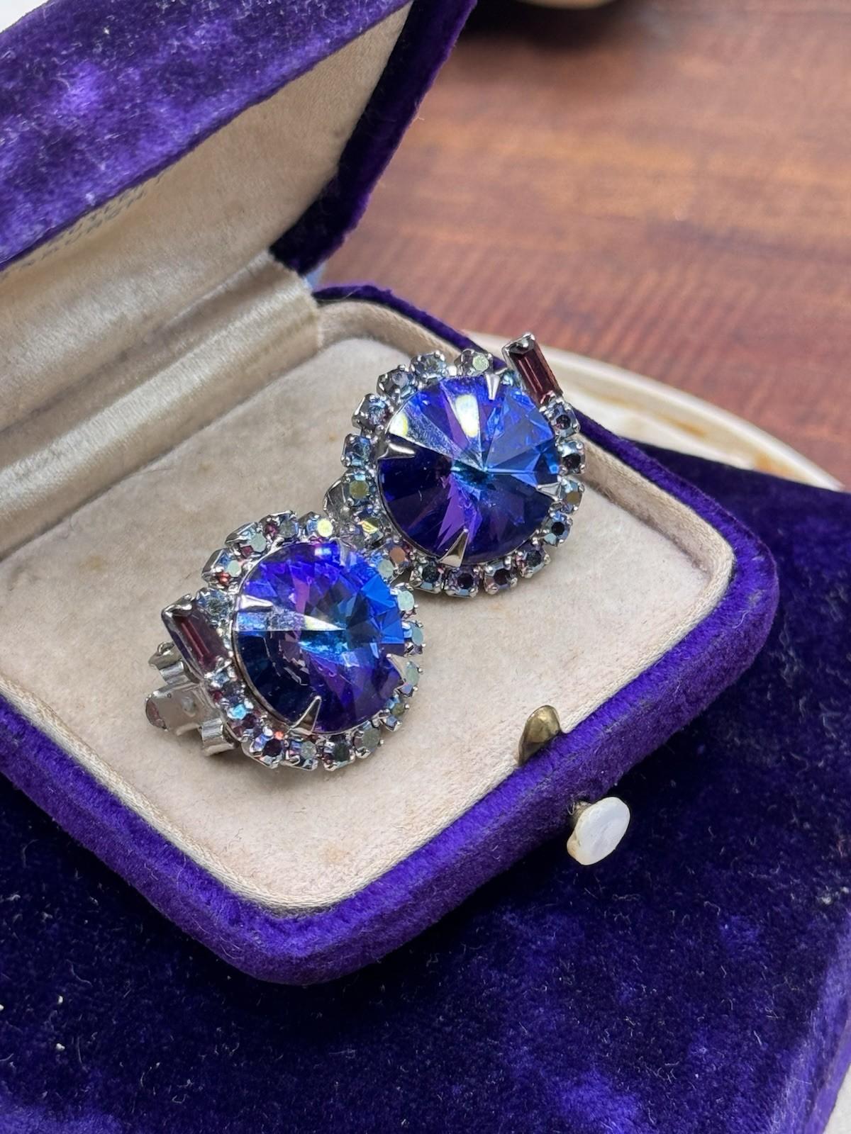Vintage Rivoli Blue Purple AB Rhinestone Clip On Earrings 0.75”