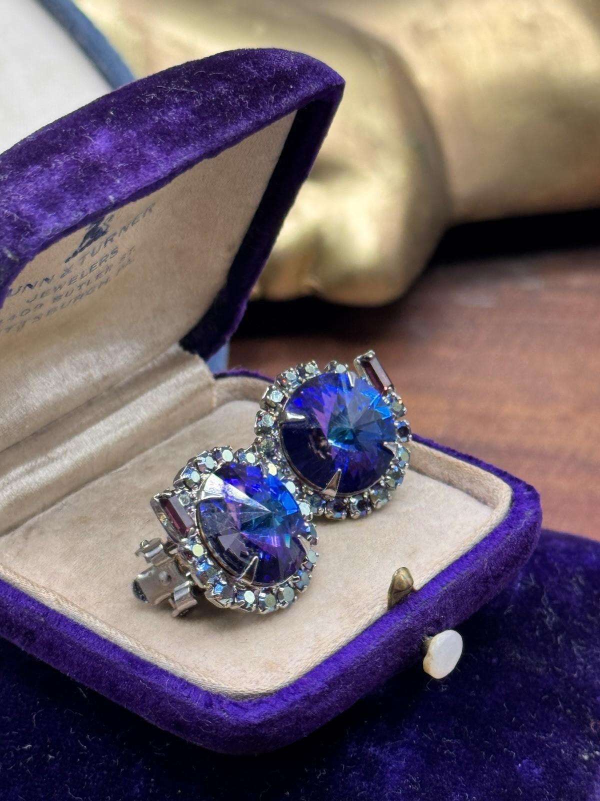Vintage Rivoli Blue Purple AB Rhinestone Clip On Earrings 0.75”