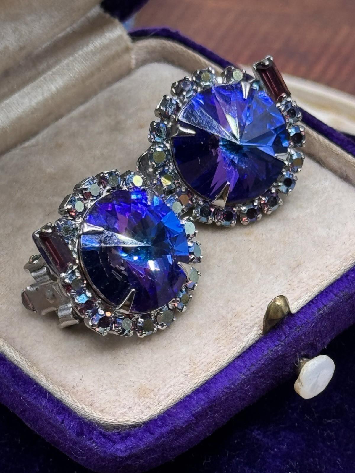 Vintage Rivoli Blue Purple AB Rhinestone Clip On Earrings 0.75”