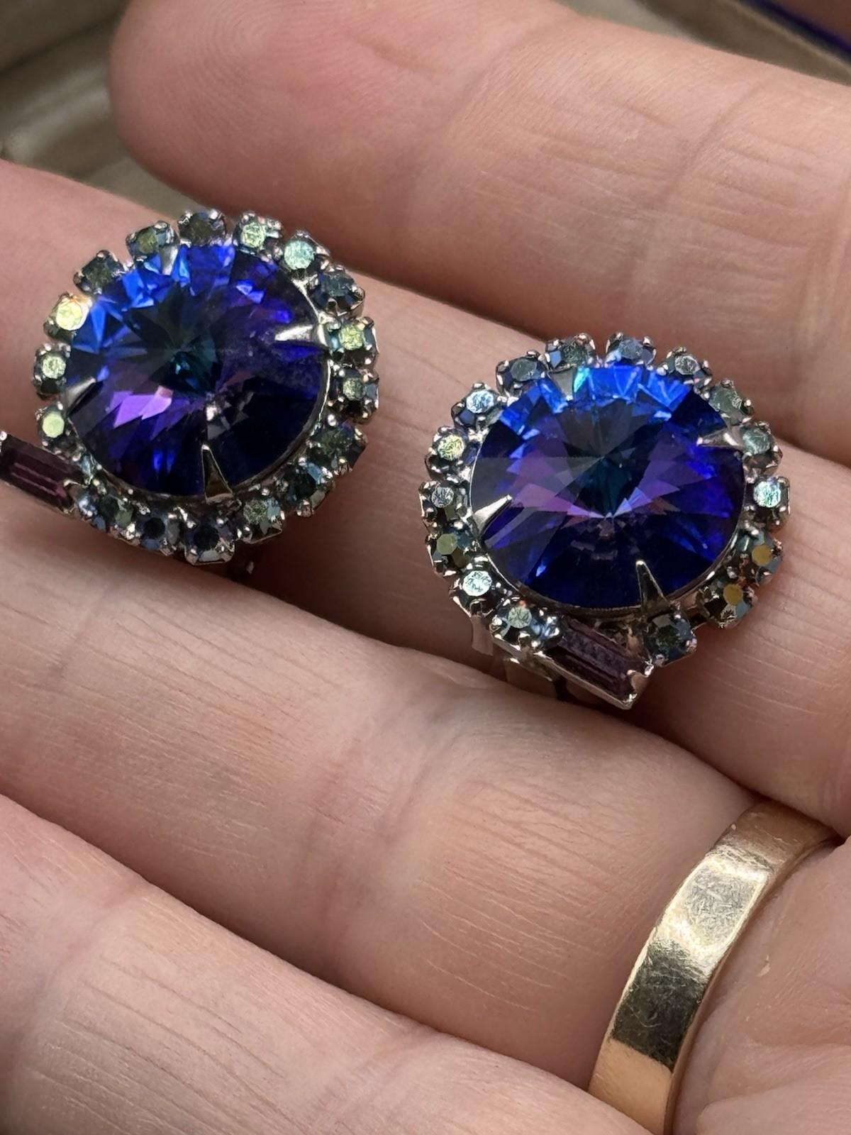 Vintage Rivoli Blue Purple AB Rhinestone Clip On Earrings 0.75”