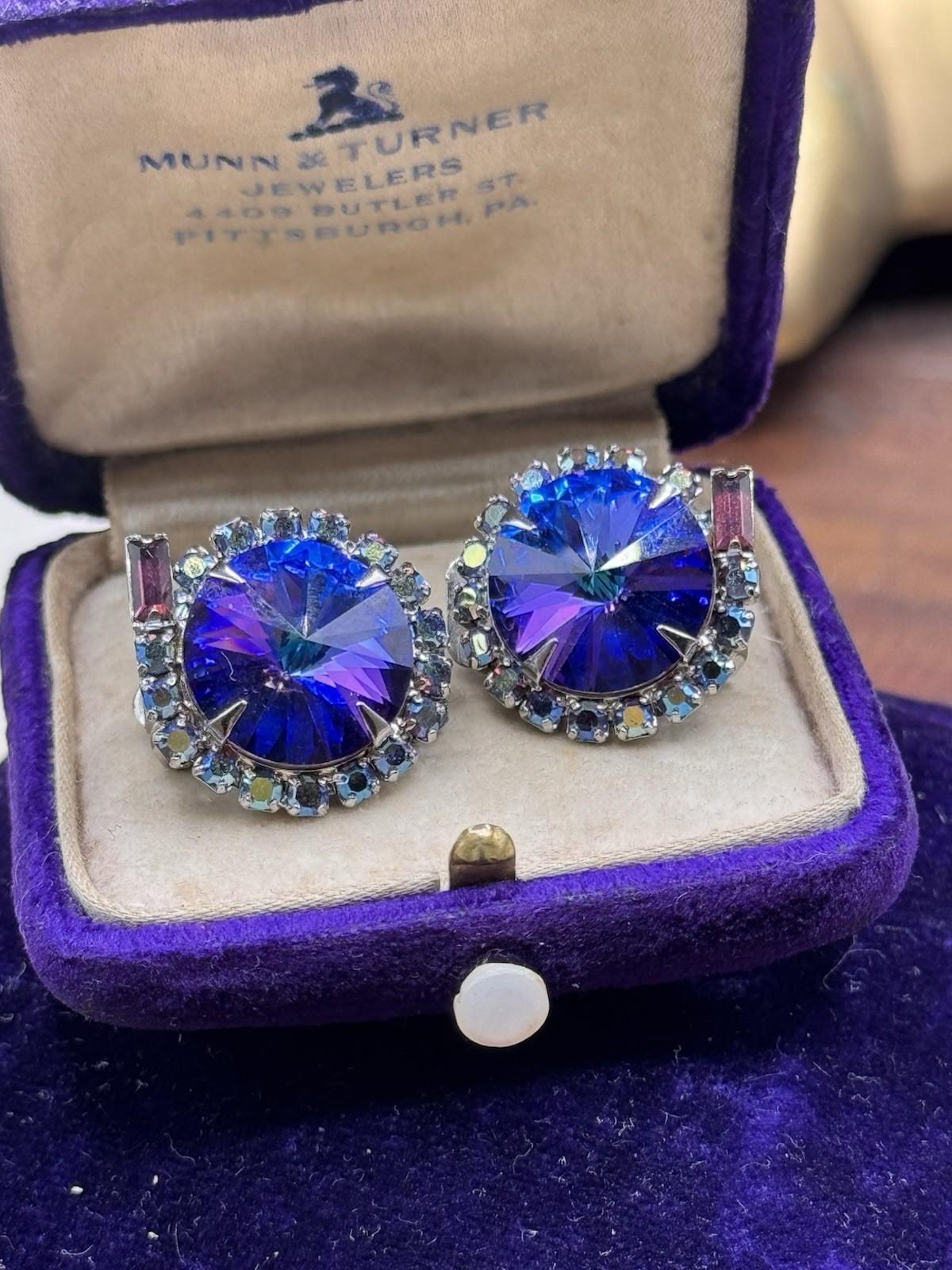 Vintage Rivoli Blue Purple AB Rhinestone Clip On Earrings 0.75”