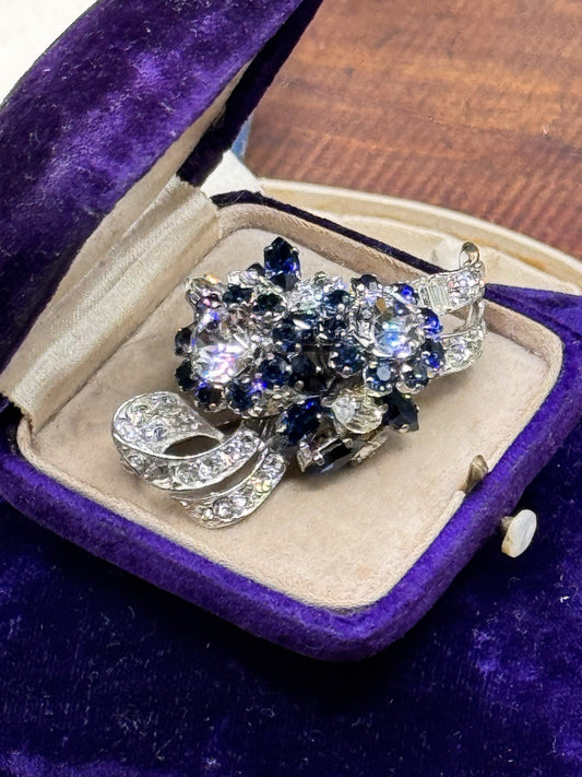 Vintage SCHOFFEL Austria Blue Clear Rhinestone Bow Brooch Floral Cluster 2”
