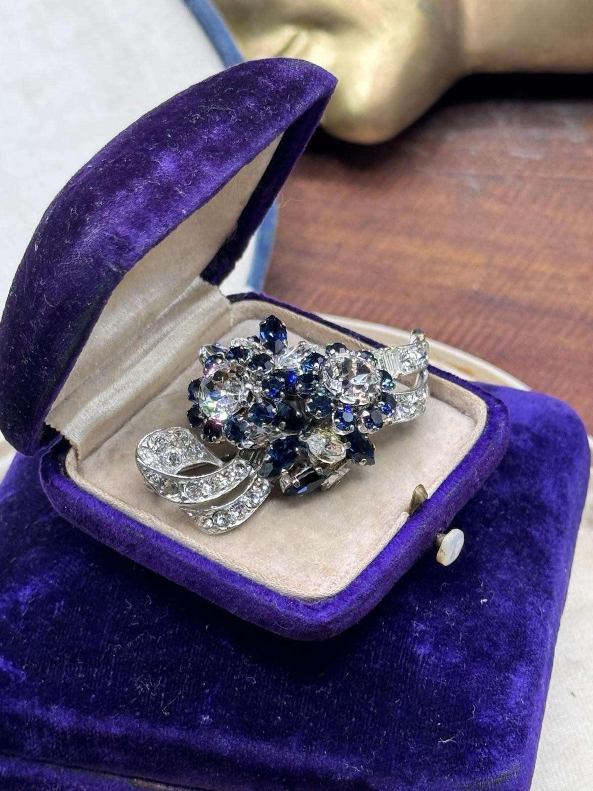 Vintage SCHOFFEL Austria Blue Clear Rhinestone Bow Brooch Floral Cluster 2”