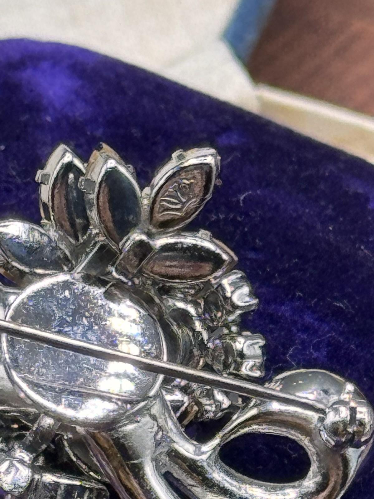 Vintage SCHOFFEL Austria Blue Clear Rhinestone Bow Brooch Floral Cluster 2”