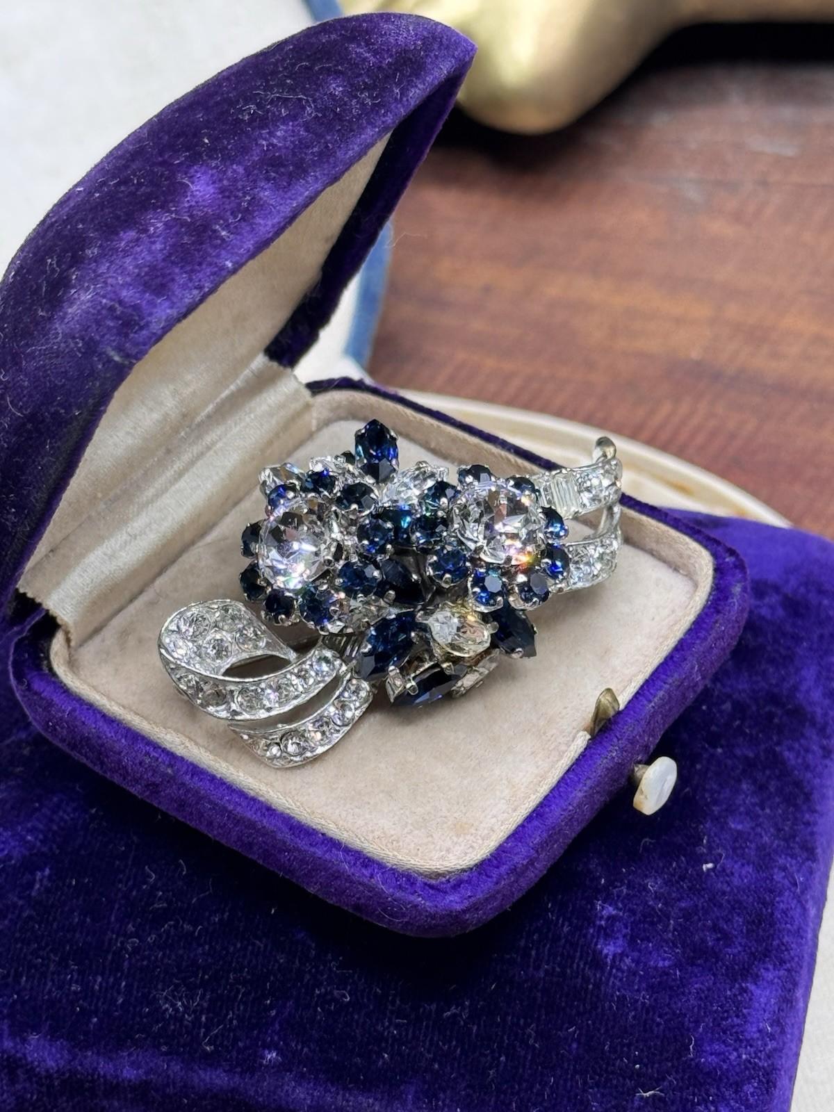 Vintage SCHOFFEL Austria Blue Clear Rhinestone Bow Brooch Floral Cluster 2”