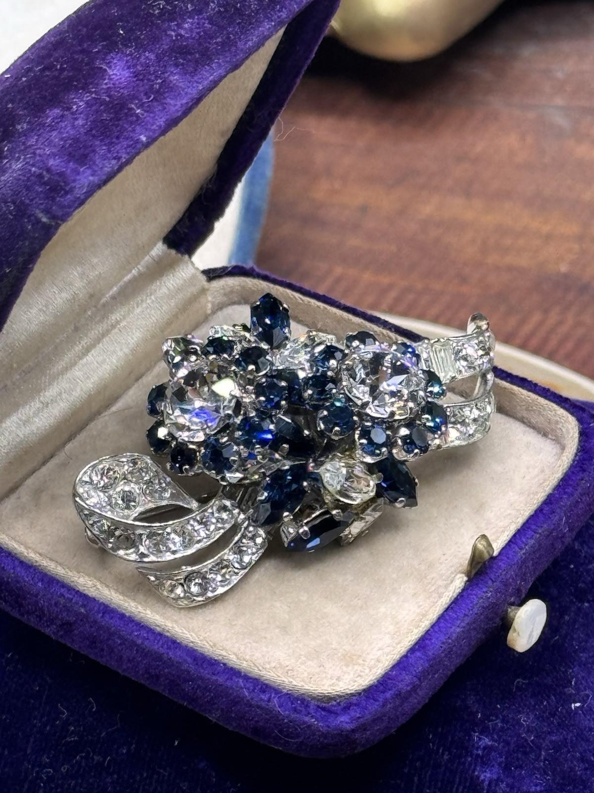 Vintage SCHOFFEL Austria Blue Clear Rhinestone Bow Brooch Floral Cluster 2”