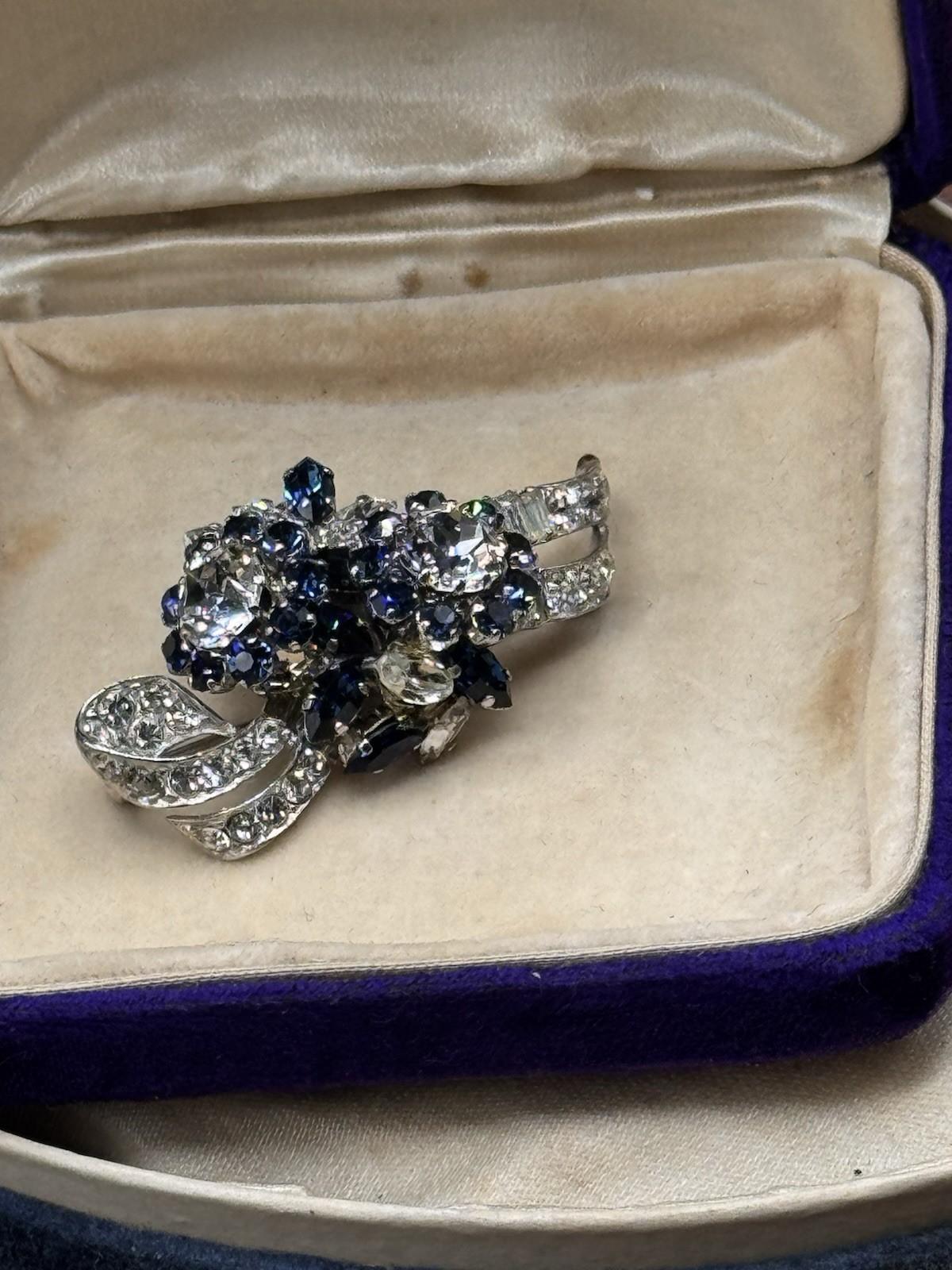 Vintage SCHOFFEL Austria Blue Clear Rhinestone Bow Brooch Floral Cluster 2”