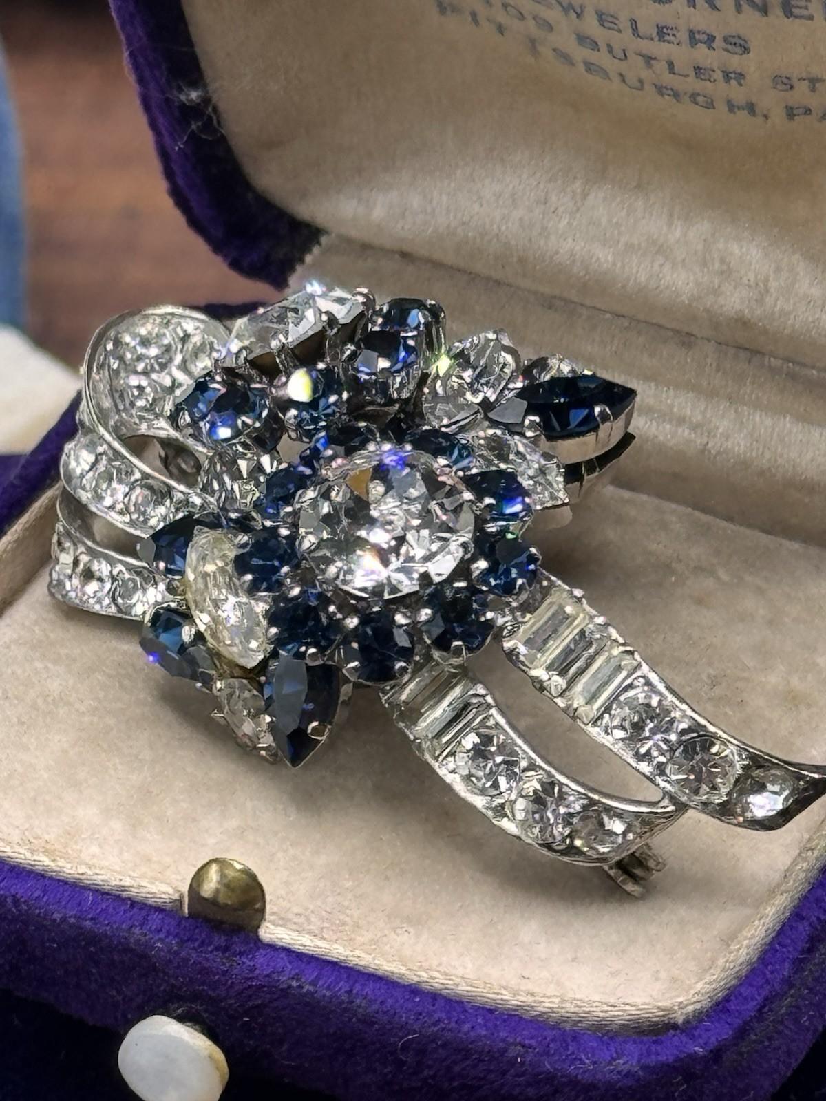 Vintage SCHOFFEL Austria Blue Clear Rhinestone Bow Brooch Floral Cluster 2”
