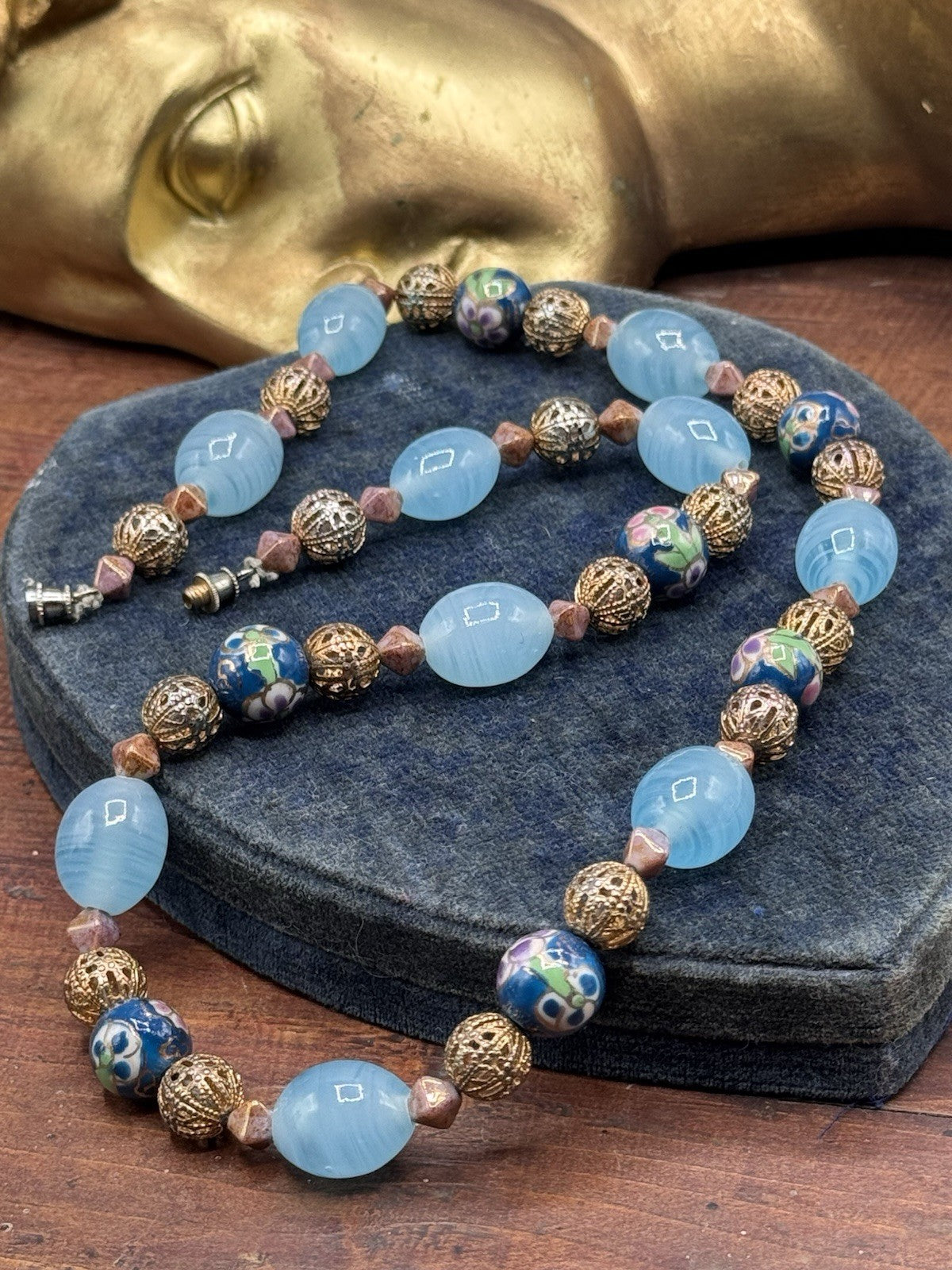Vintage Art Glass Bead Necklace Cloisonne Style Filigree Blue 22.5”