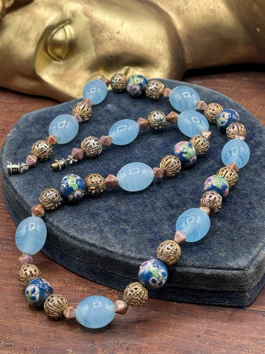 Vintage Art Glass Bead Necklace Cloisonne Style Filigree Blue 22.5”