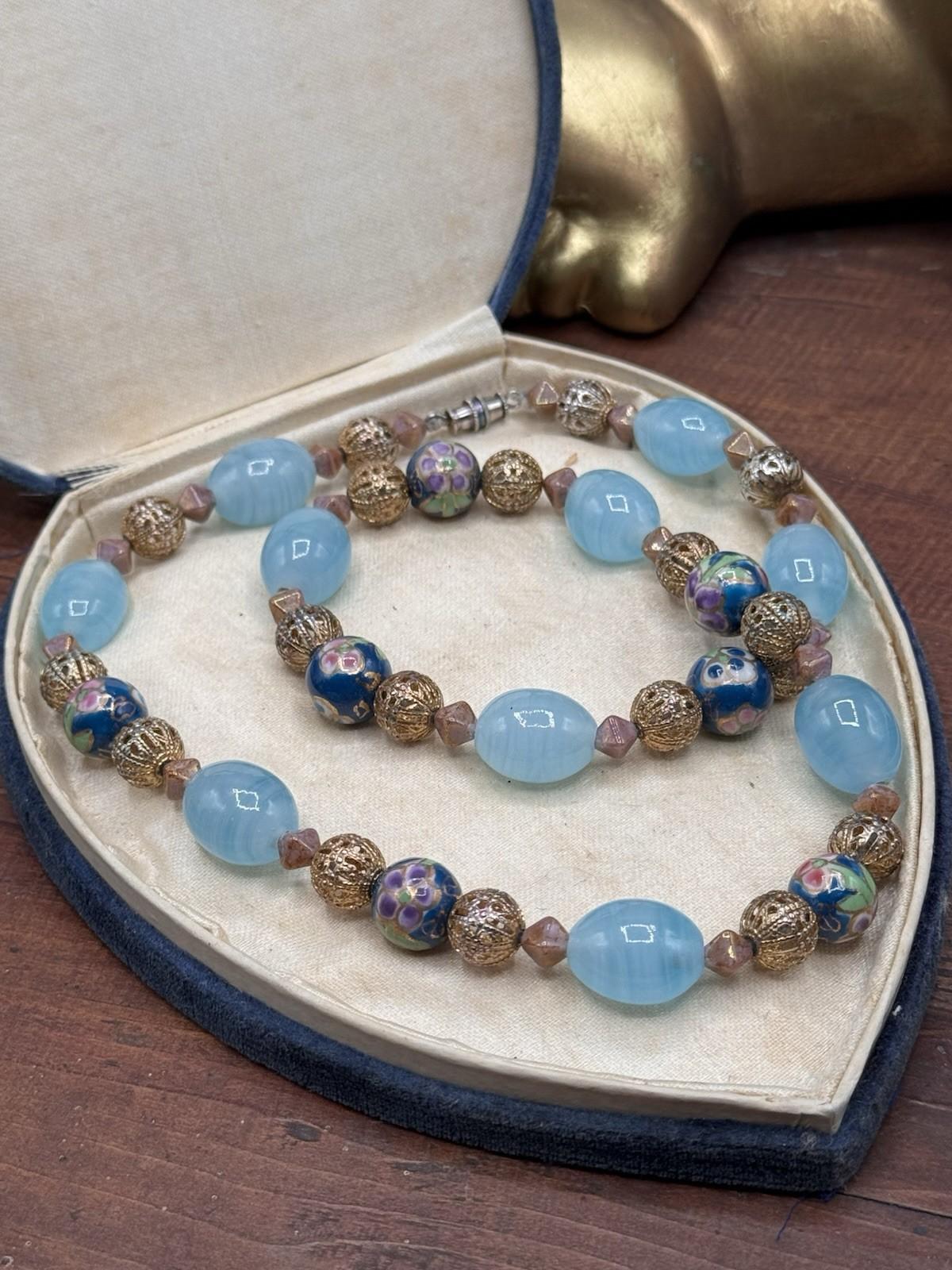 Vintage Art Glass Bead Necklace Cloisonne Style Filigree Blue 22.5”