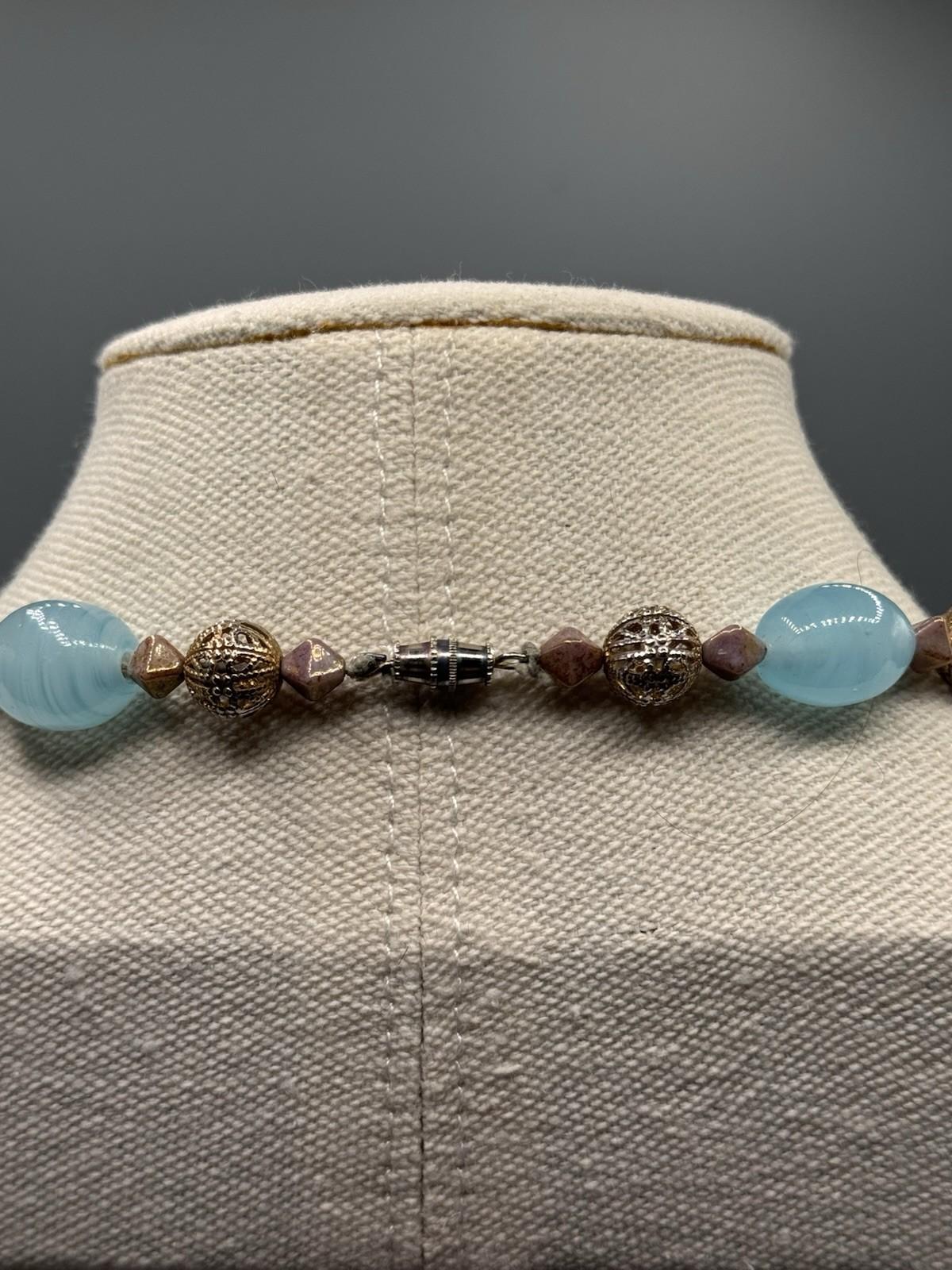Vintage Art Glass Bead Necklace Cloisonne Style Filigree Blue 22.5”