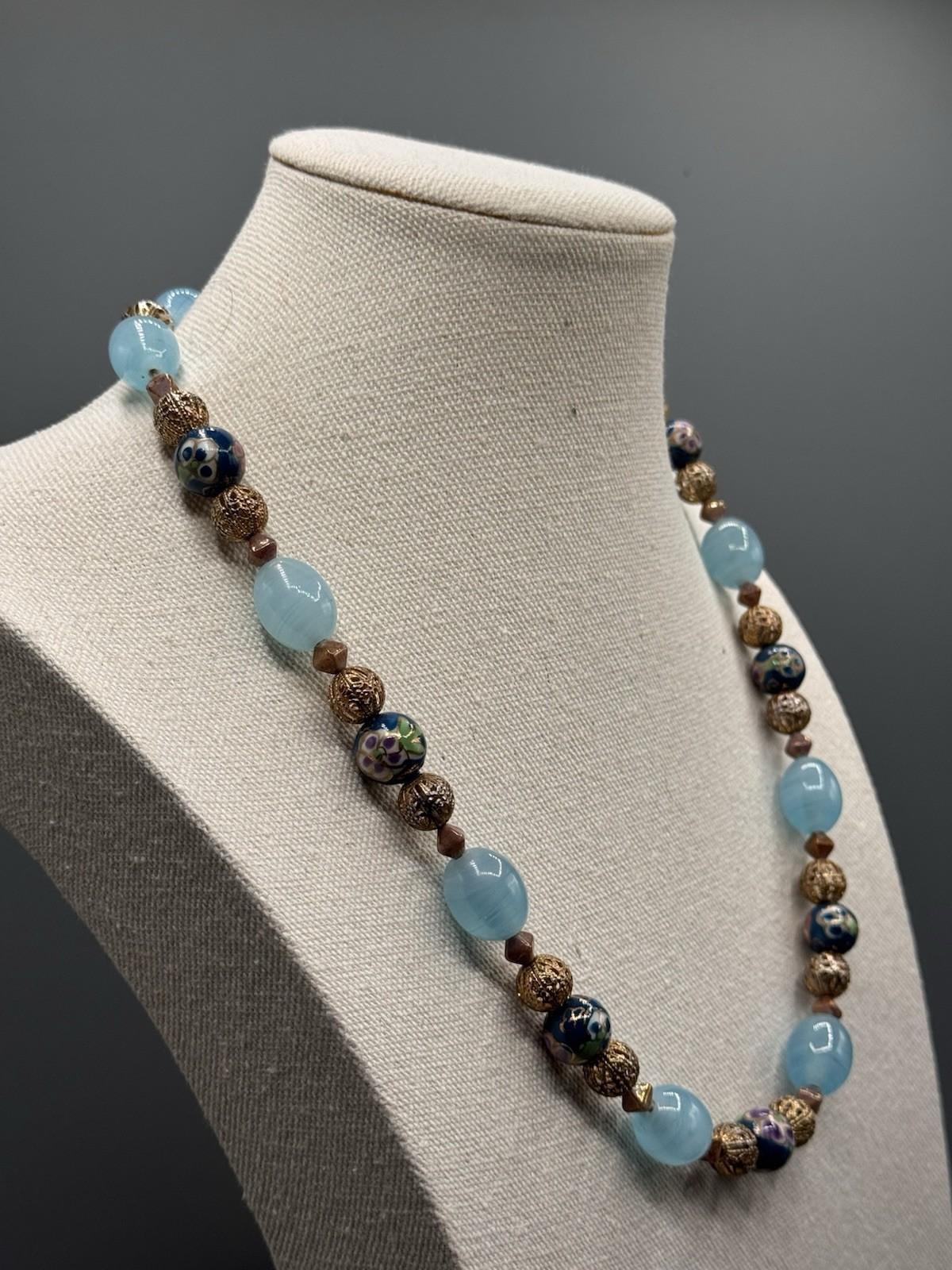 Vintage Art Glass Bead Necklace Cloisonne Style Filigree Blue 22.5”