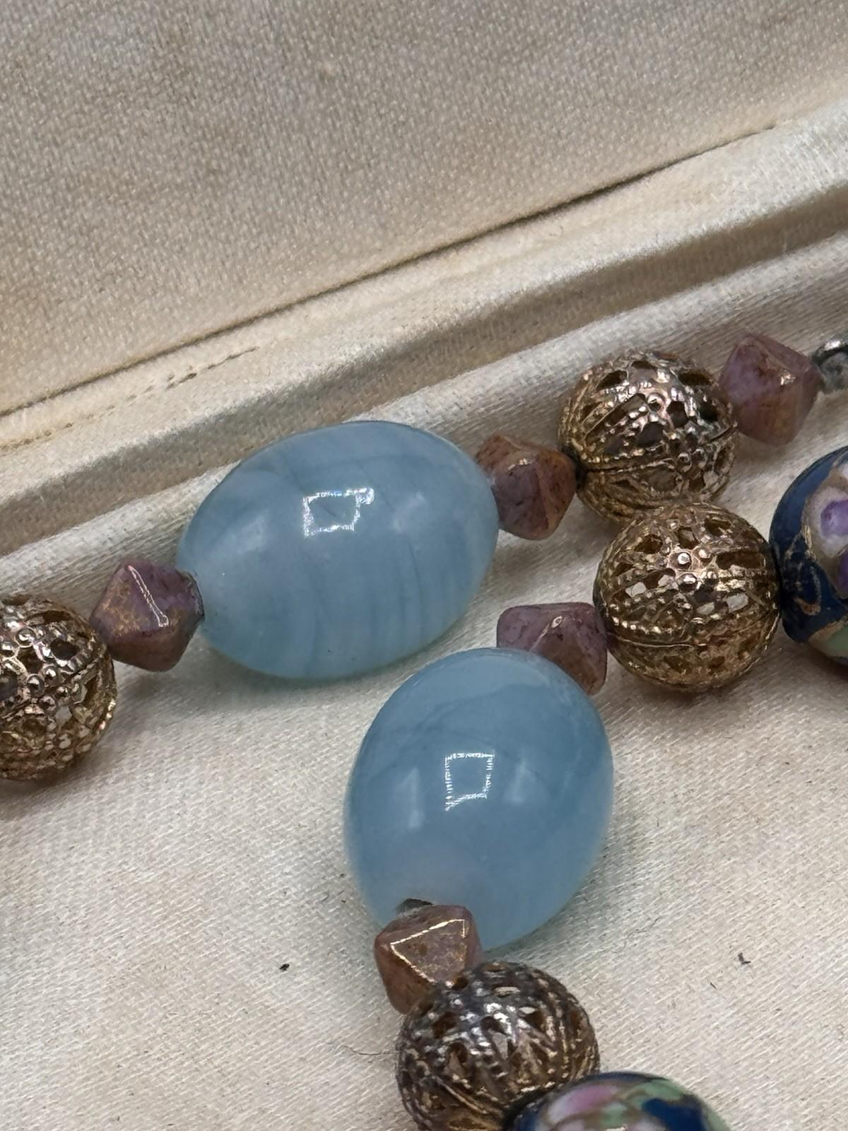 Vintage Art Glass Bead Necklace Cloisonne Style Filigree Blue 22.5”