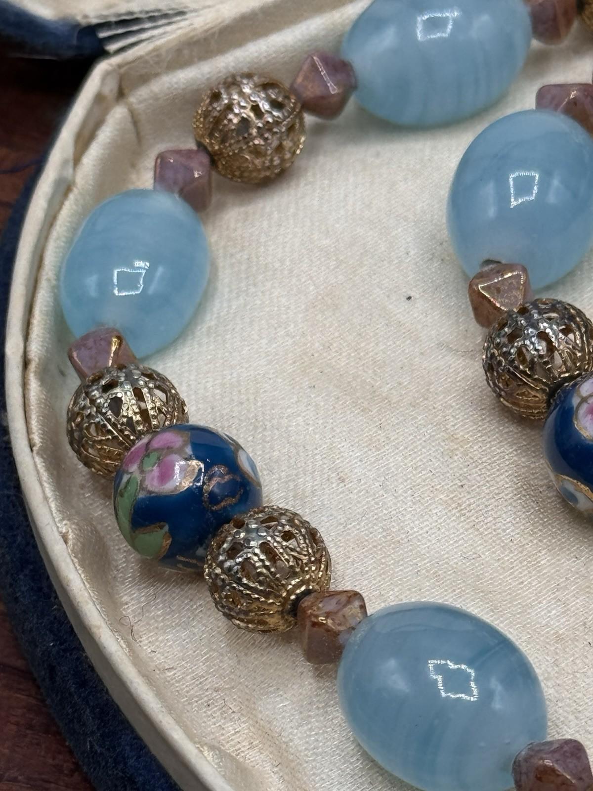 Vintage Art Glass Bead Necklace Cloisonne Style Filigree Blue 22.5”