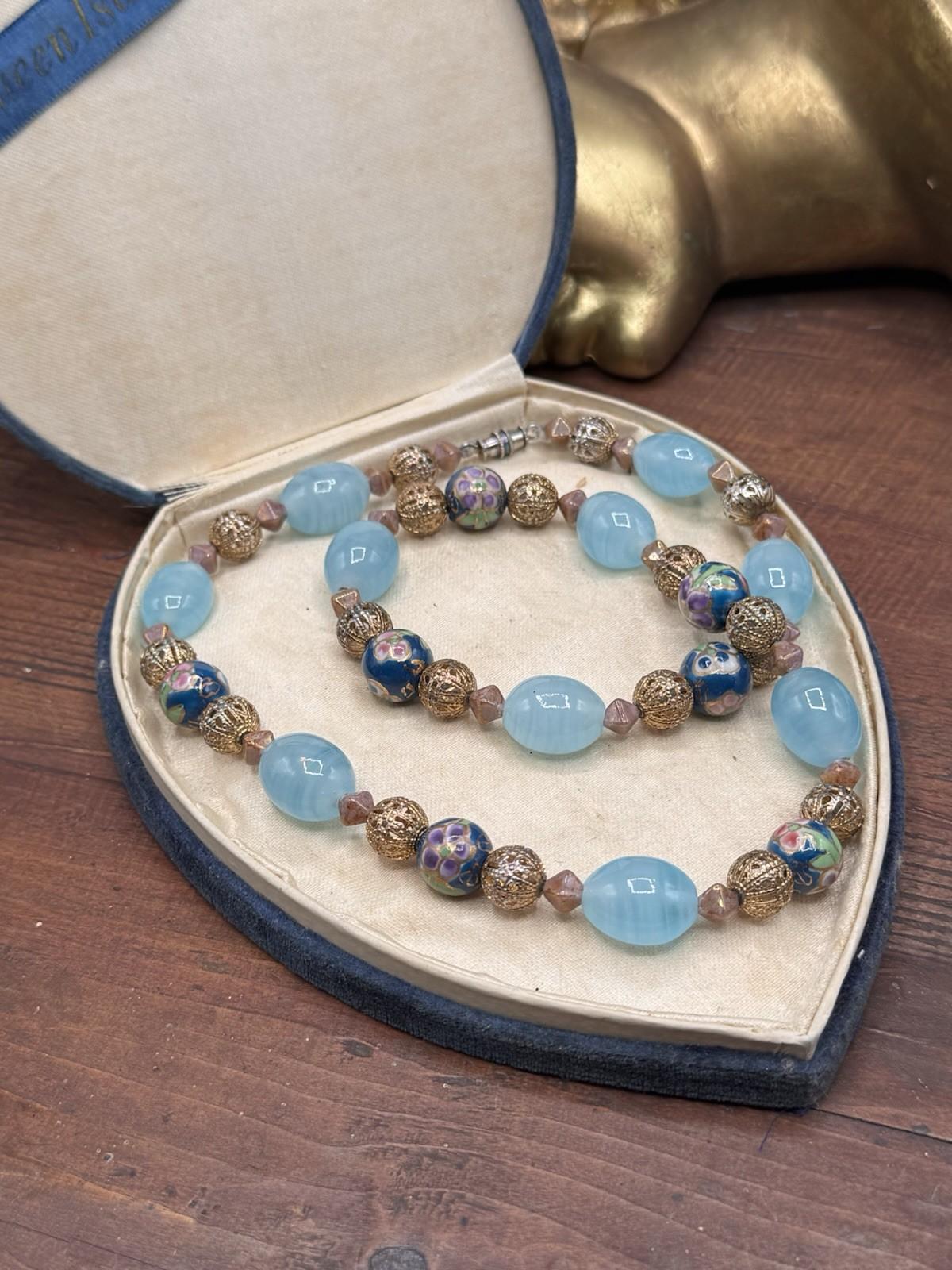 Vintage Art Glass Bead Necklace Cloisonne Style Filigree Blue 22.5”