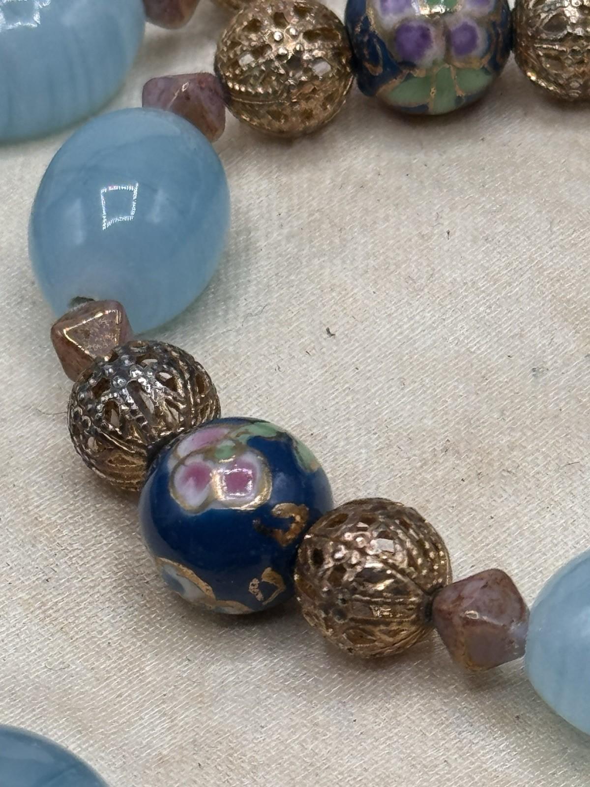 Vintage Art Glass Bead Necklace Cloisonne Style Filigree Blue 22.5”