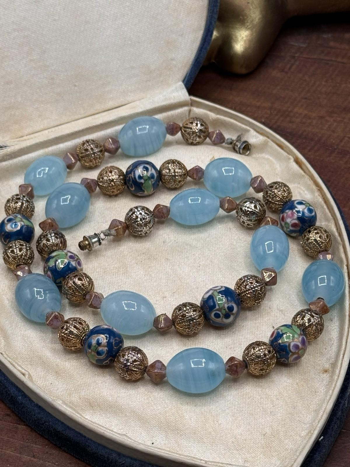 Vintage Art Glass Bead Necklace Cloisonne Style Filigree Blue 22.5”