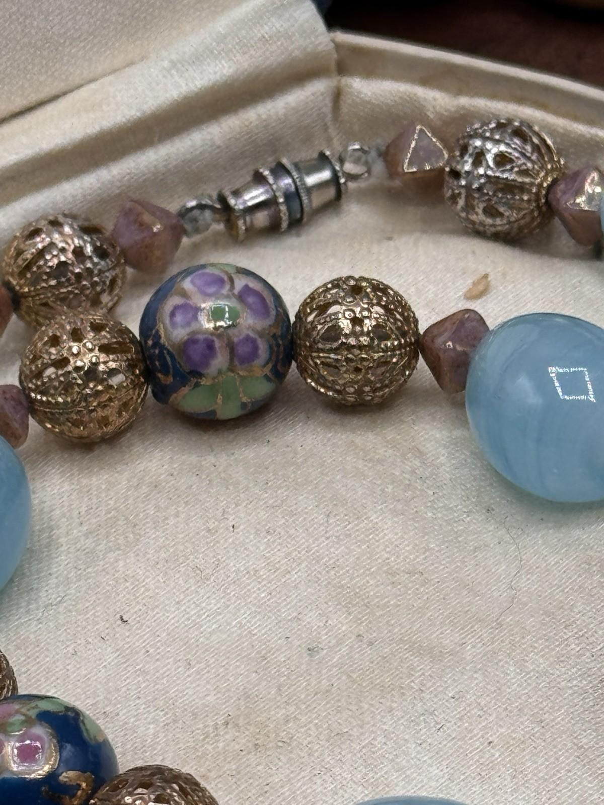 Vintage Art Glass Bead Necklace Cloisonne Style Filigree Blue 22.5”
