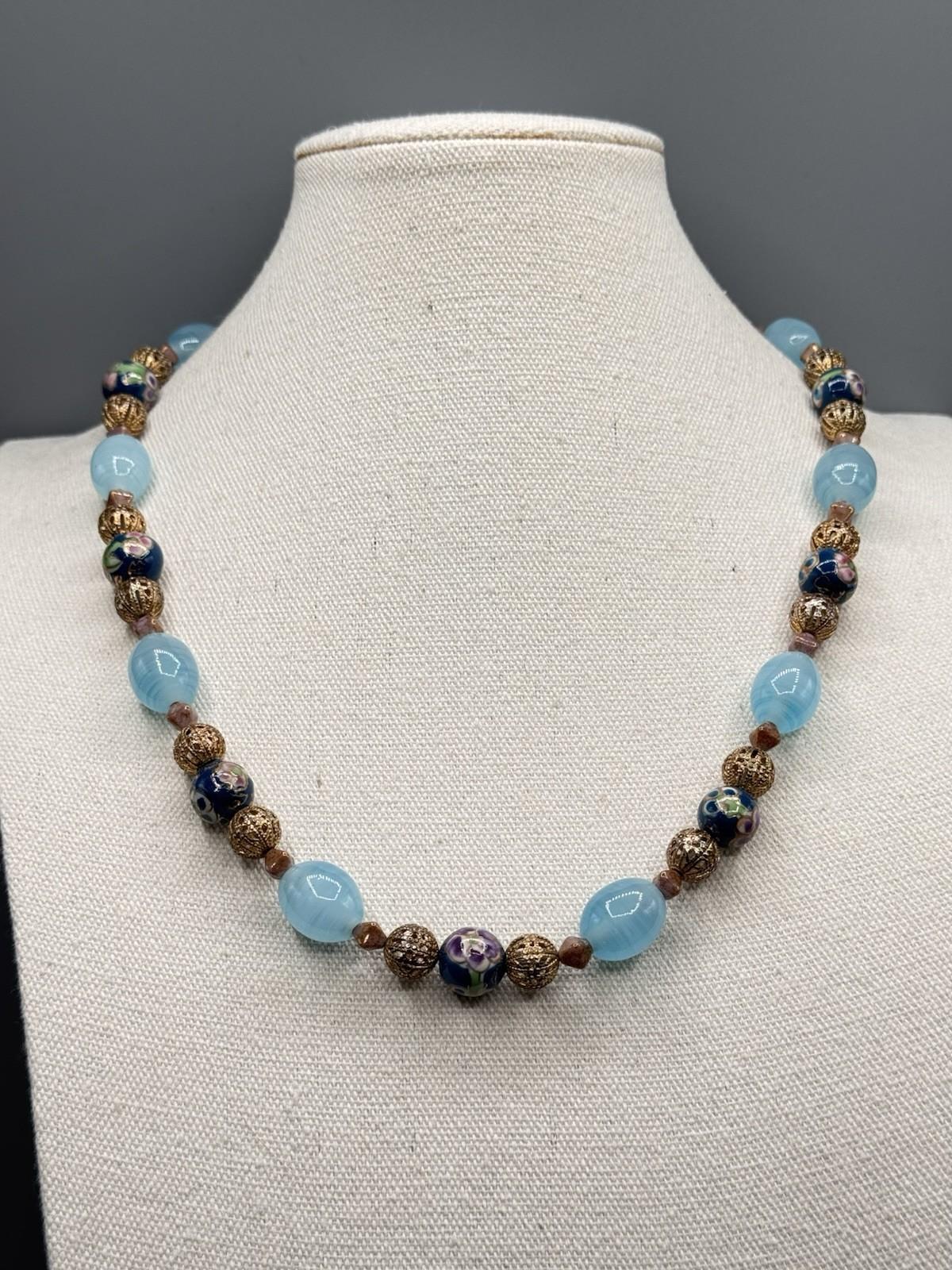 Vintage Art Glass Bead Necklace Cloisonne Style Filigree Blue 22.5”