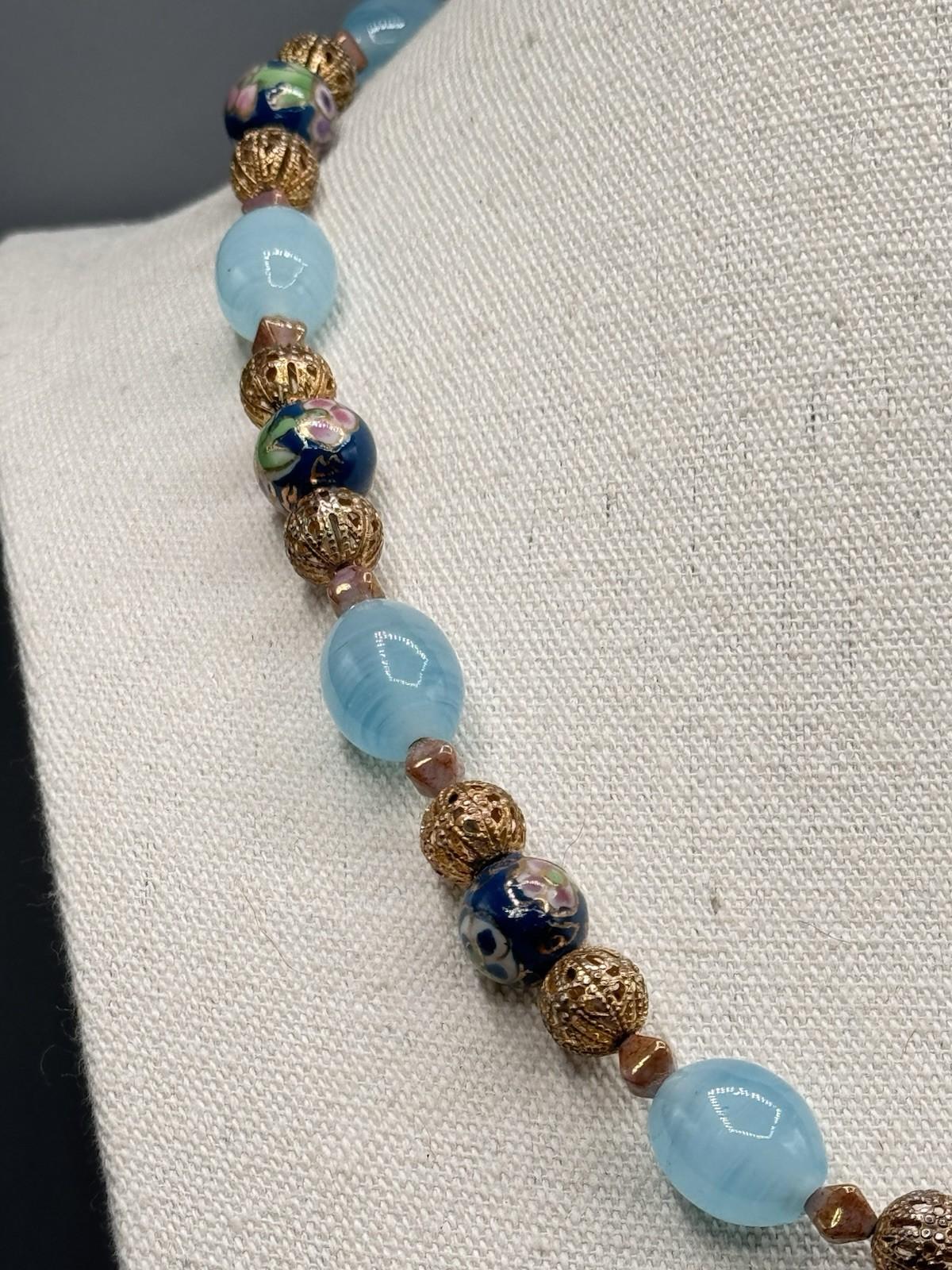 Vintage Art Glass Bead Necklace Cloisonne Style Filigree Blue 22.5”