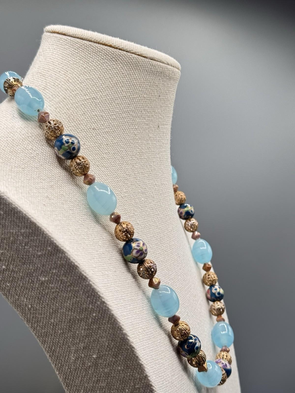 Vintage Art Glass Bead Necklace Cloisonne Style Filigree Blue 22.5”