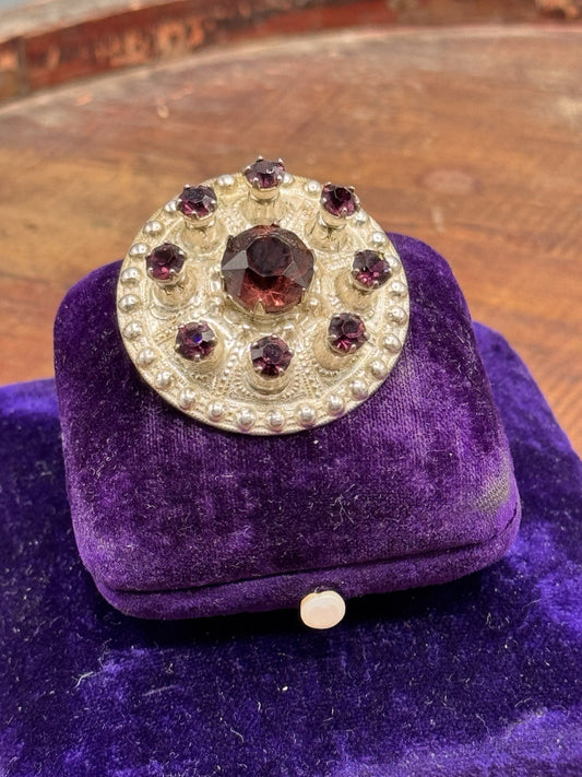 Scottish Thistle Brooch Sterling Silver Purple Rhinestone Round 1 3/8” Vintage