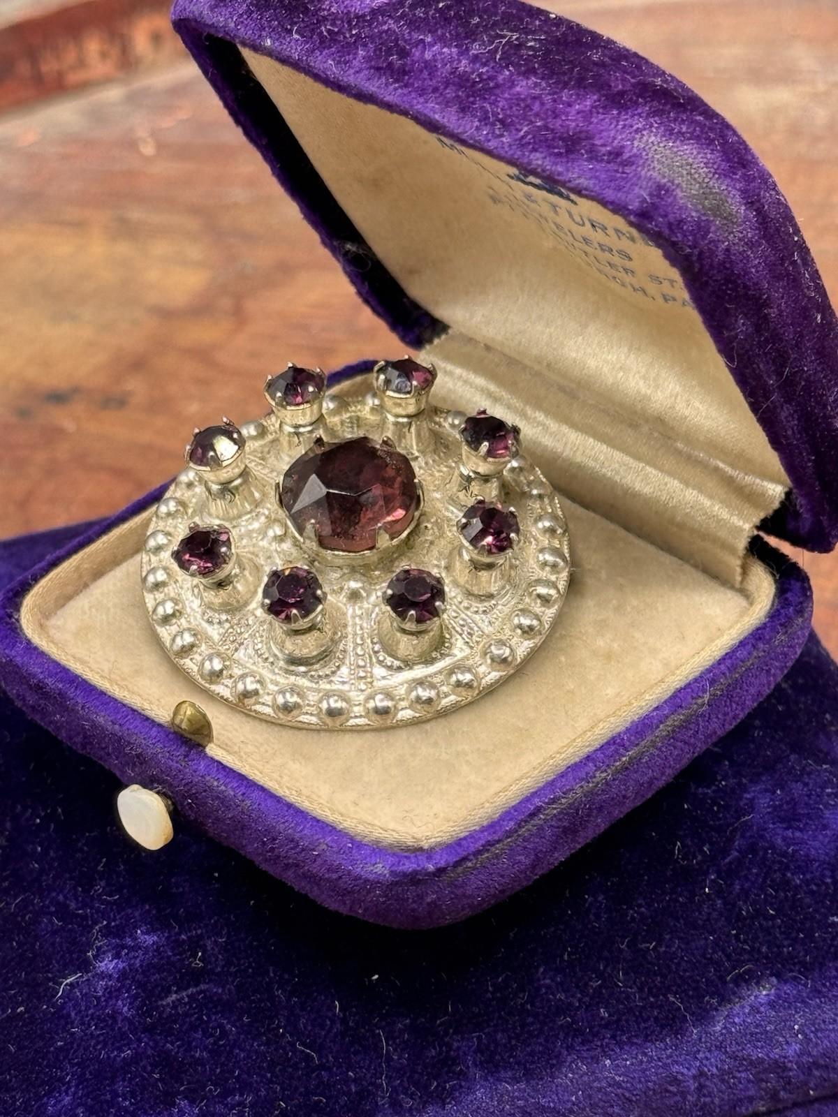 Scottish Thistle Brooch Sterling Silver Purple Rhinestone Round 1 3/8” Vintage