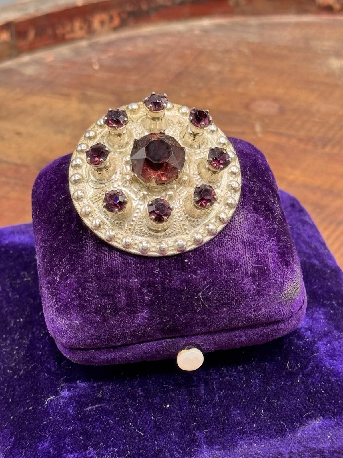 Scottish Thistle Brooch Sterling Silver Purple Rhinestone Round 1 3/8” Vintage