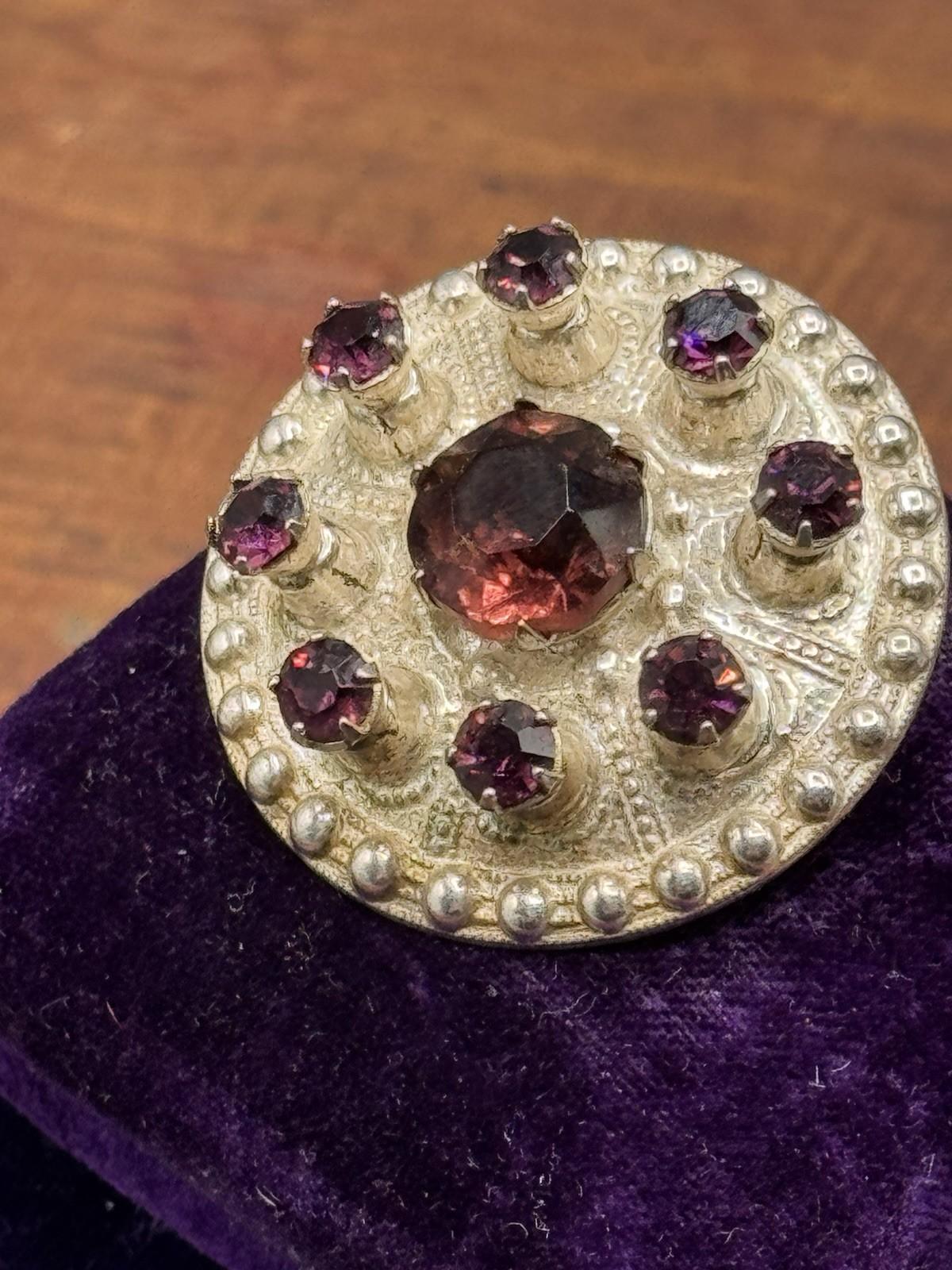 Scottish Thistle Brooch Sterling Silver Purple Rhinestone Round 1 3/8” Vintage