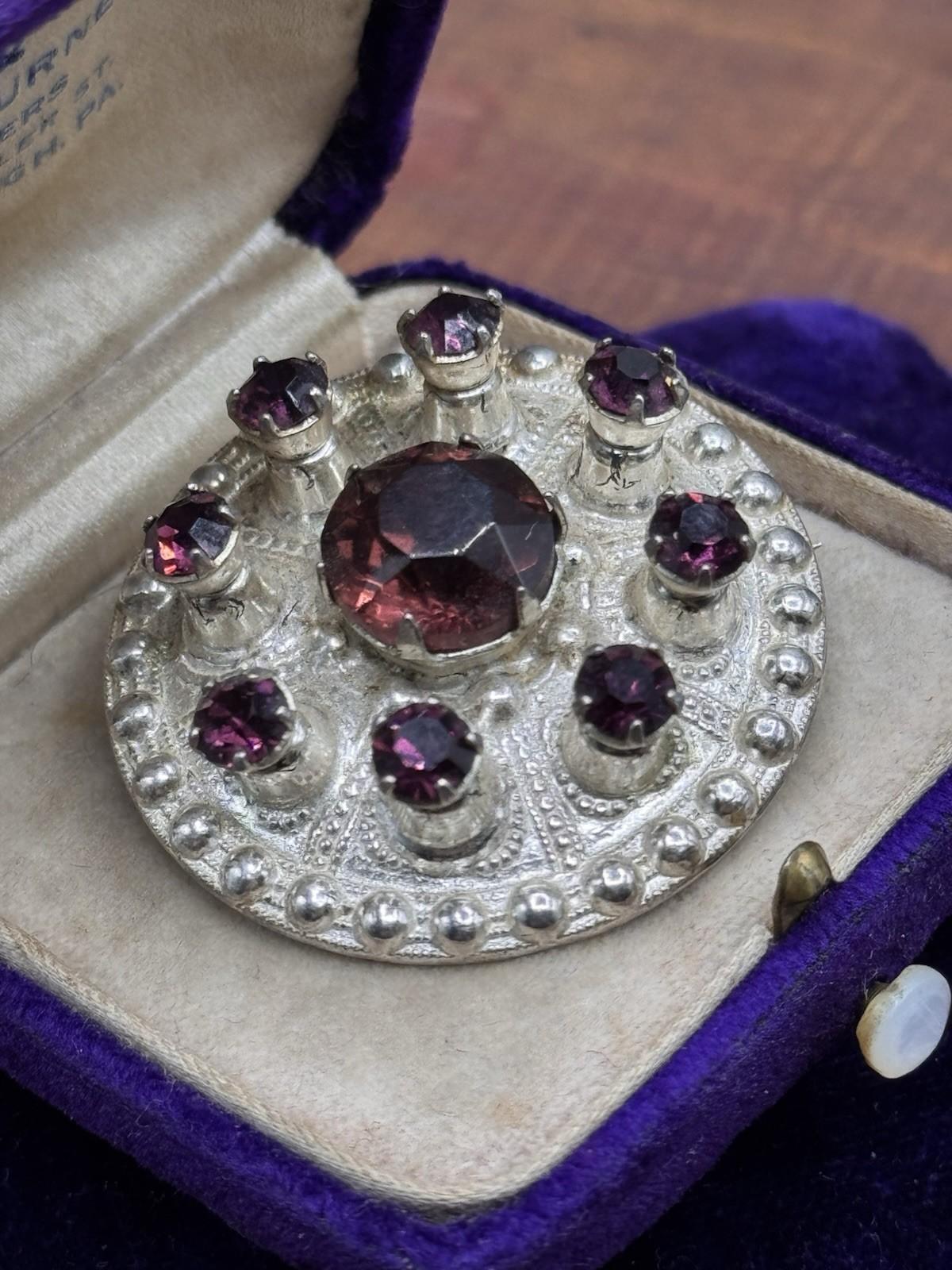 Scottish Thistle Brooch Sterling Silver Purple Rhinestone Round 1 3/8” Vintage