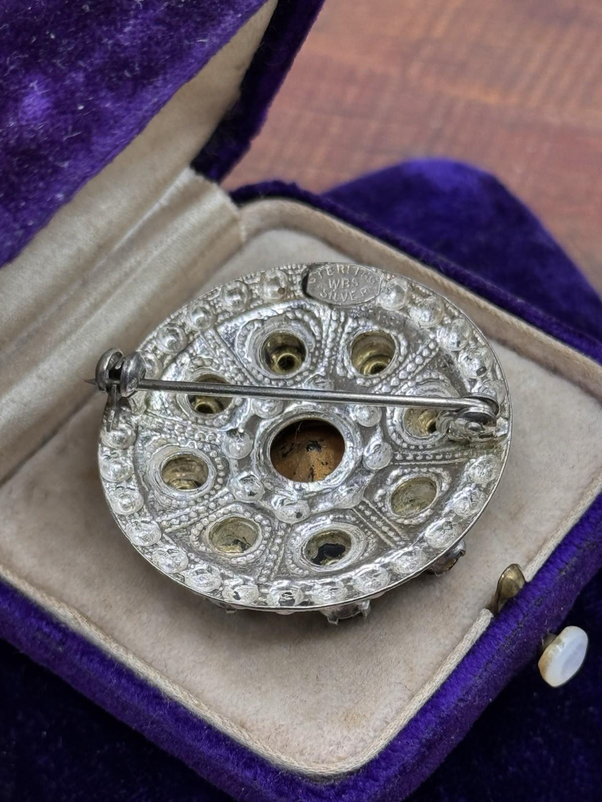 Scottish Thistle Brooch Sterling Silver Purple Rhinestone Round 1 3/8” Vintage