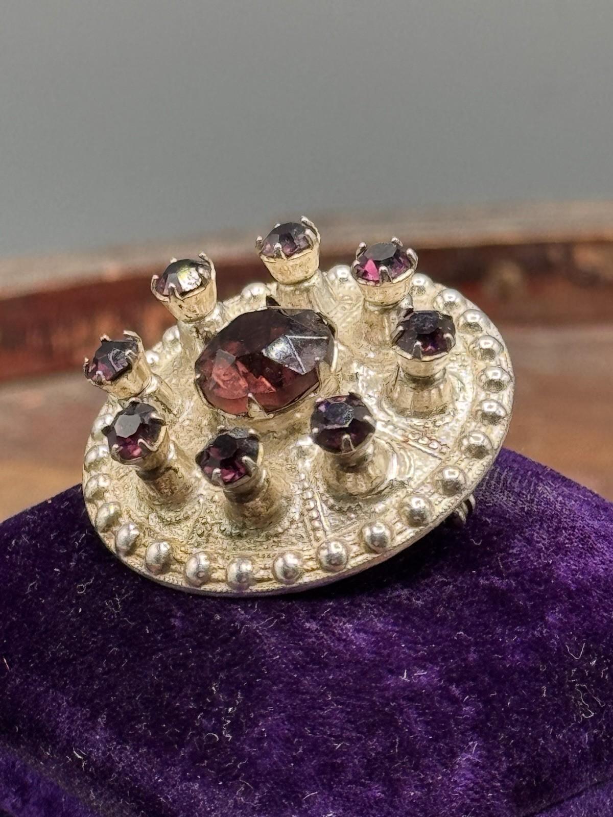 Scottish Thistle Brooch Sterling Silver Purple Rhinestone Round 1 3/8” Vintage