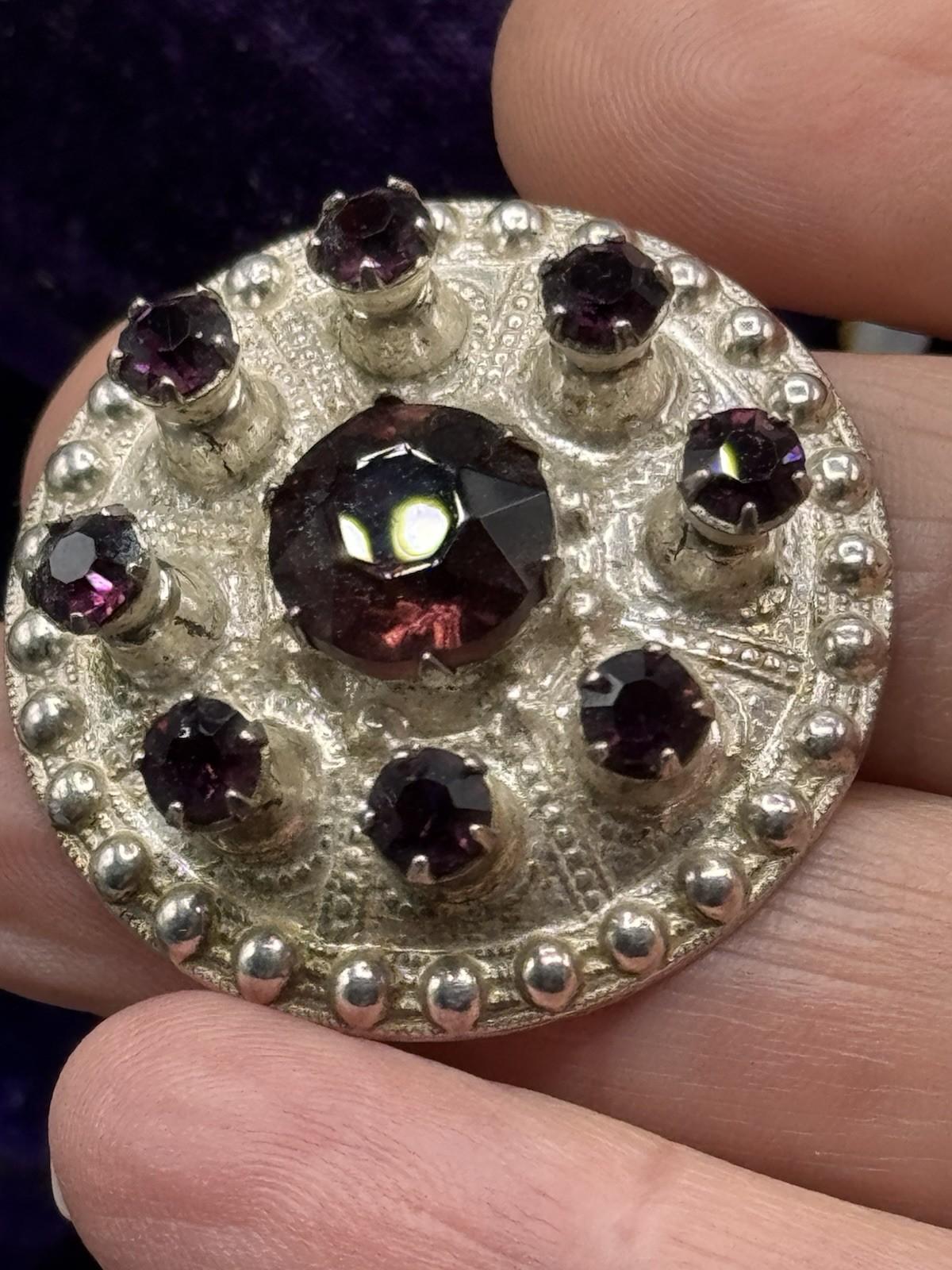 Scottish Thistle Brooch Sterling Silver Purple Rhinestone Round 1 3/8” Vintage