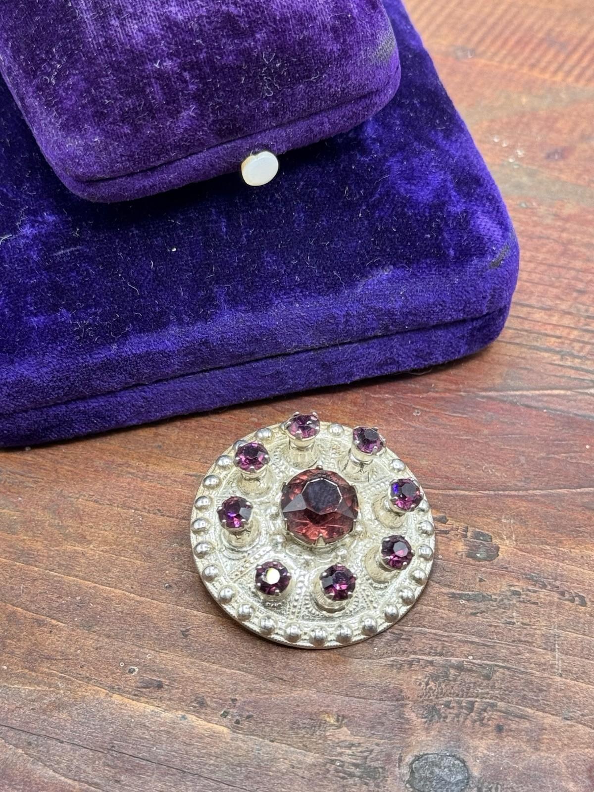 Scottish Thistle Brooch Sterling Silver Purple Rhinestone Round 1 3/8” Vintage