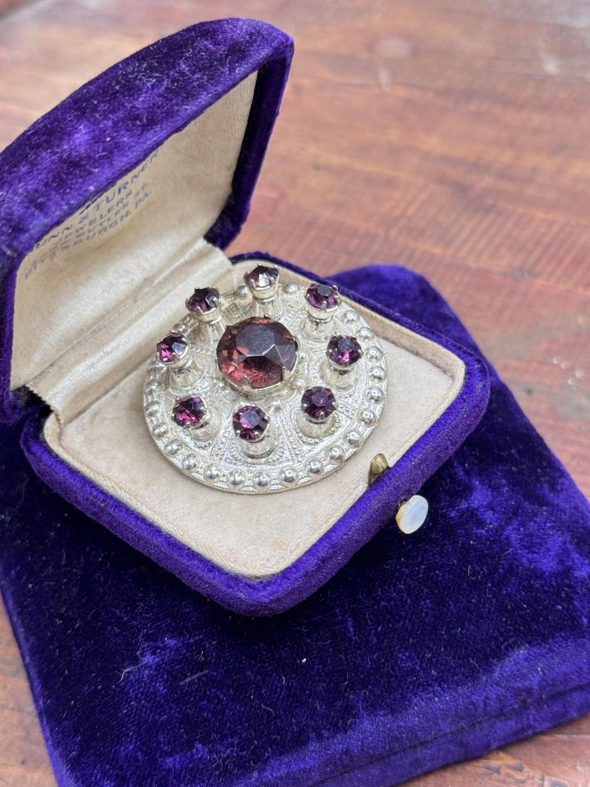 Scottish Thistle Brooch Sterling Silver Purple Rhinestone Round 1 3/8” Vintage