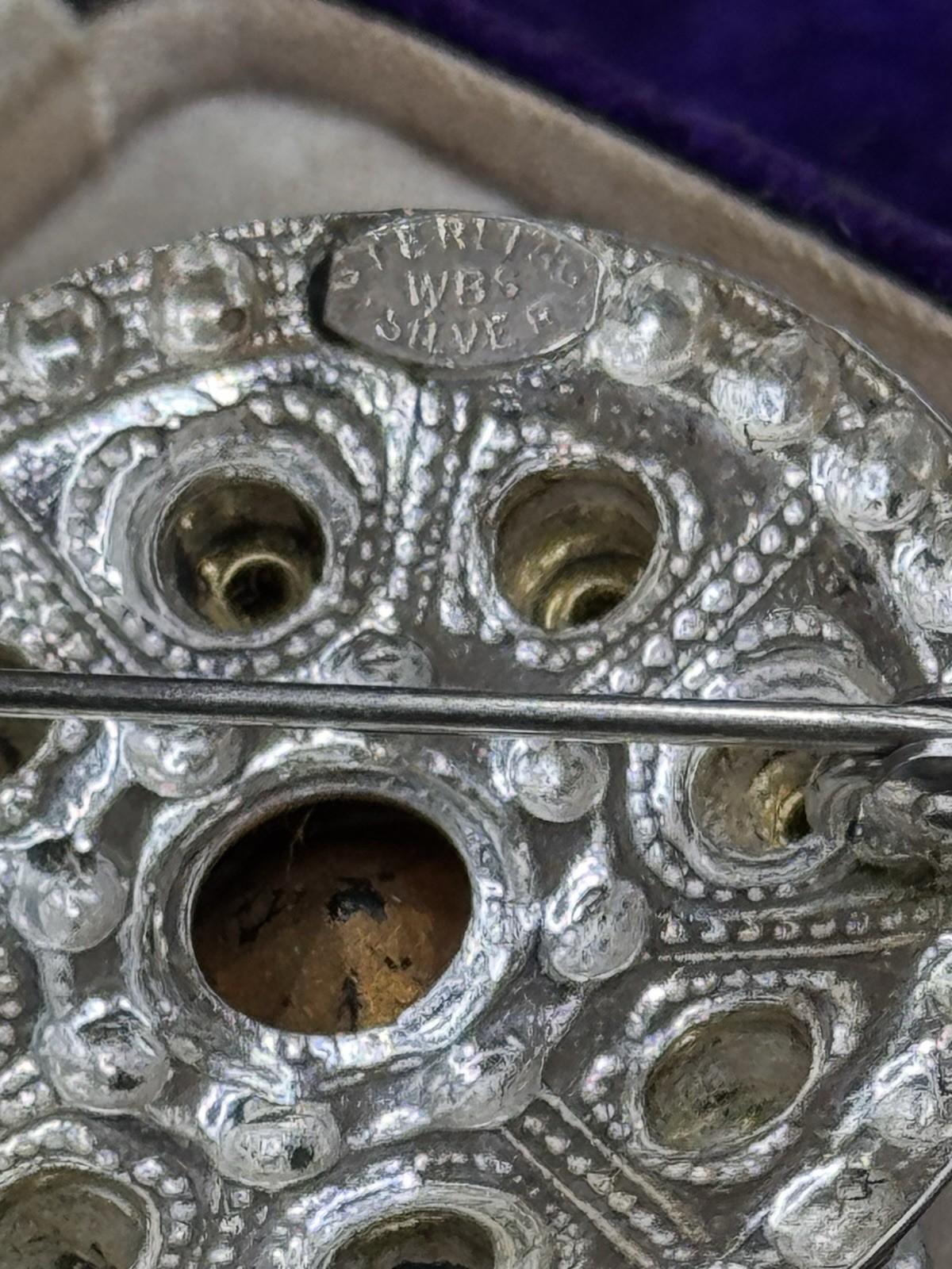 Scottish Thistle Brooch Sterling Silver Purple Rhinestone Round 1 3/8” Vintage