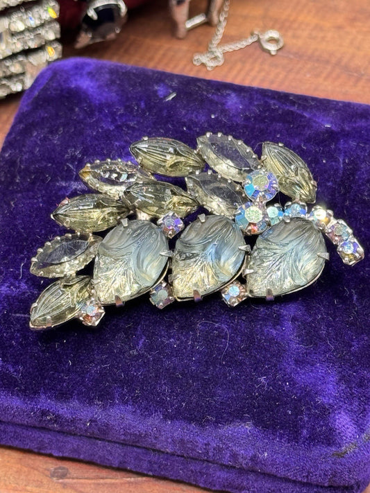 Vintage Brooch Satin Lucite Leaf Rhinestone Grey Blue AB Floral 2.5”