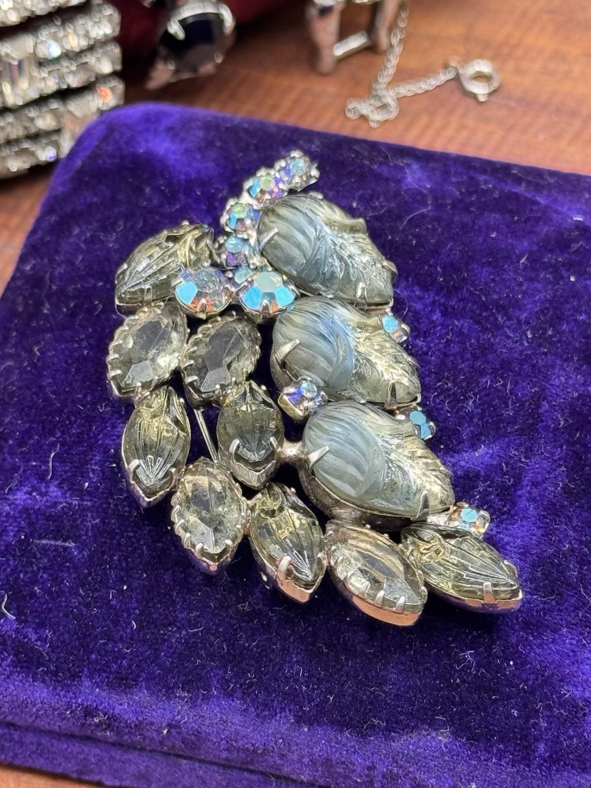 Vintage Brooch Satin Lucite Leaf Rhinestone Grey Blue AB Floral 2.5”