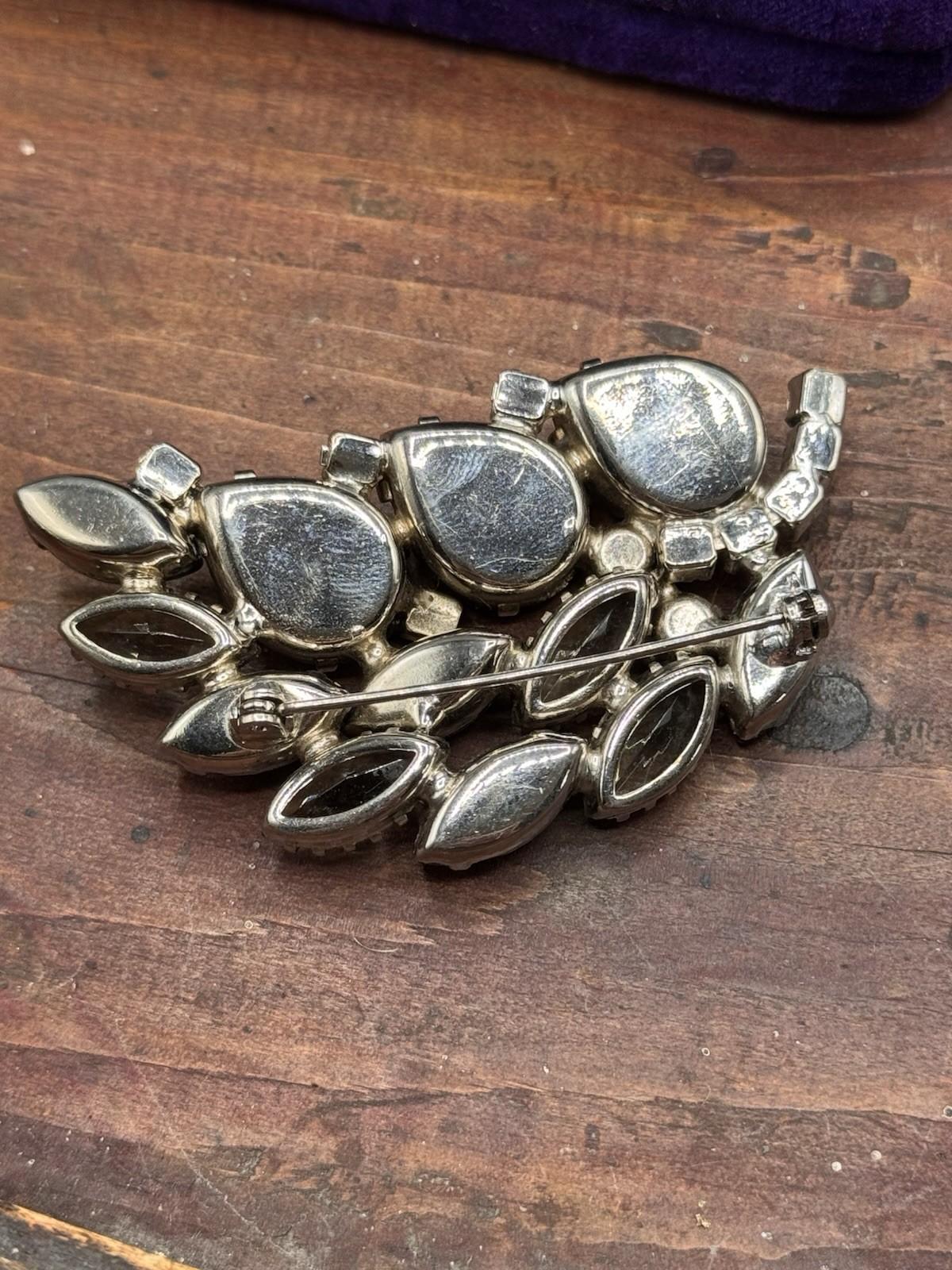 Vintage Brooch Satin Lucite Leaf Rhinestone Grey Blue AB Floral 2.5”