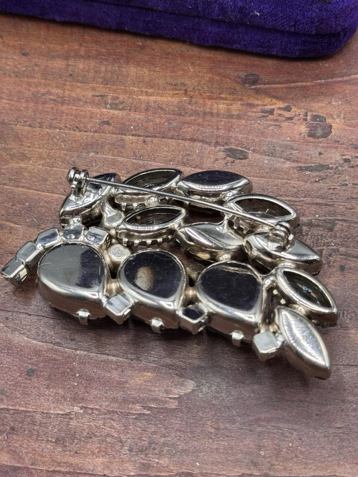 Vintage Brooch Satin Lucite Leaf Rhinestone Grey Blue AB Floral 2.5”