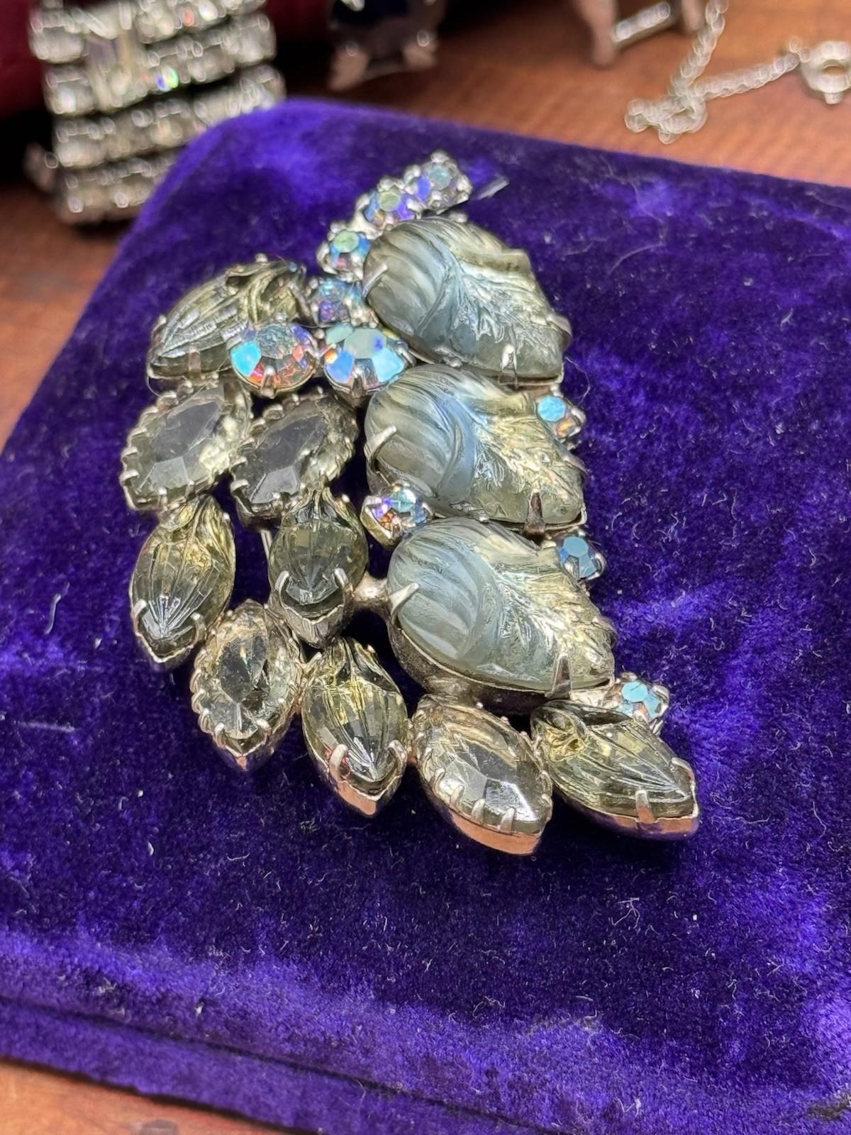 Vintage Brooch Satin Lucite Leaf Rhinestone Grey Blue AB Floral 2.5”