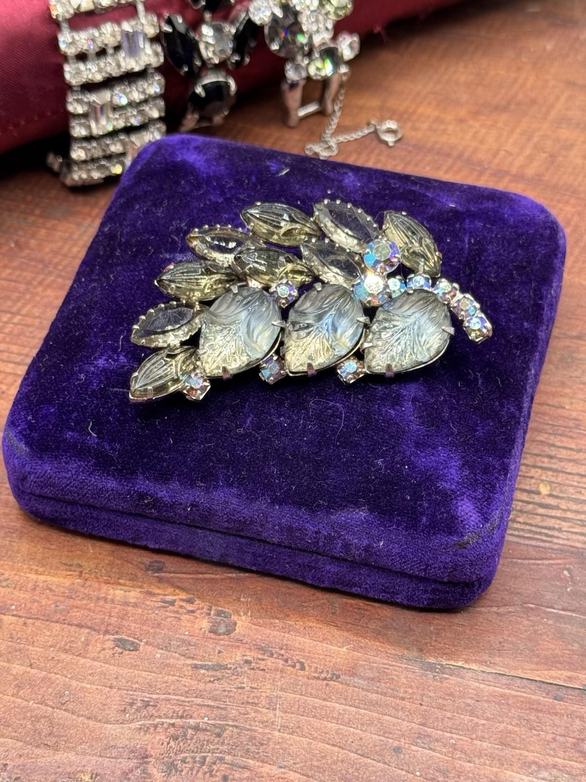 Vintage Brooch Satin Lucite Leaf Rhinestone Grey Blue AB Floral 2.5”