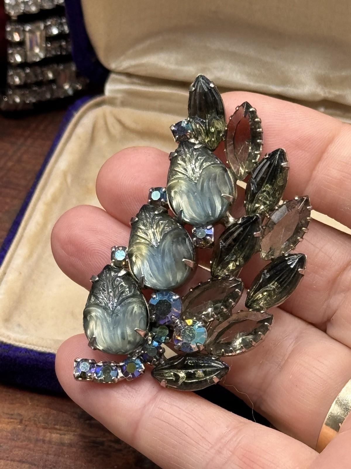 Vintage Brooch Satin Lucite Leaf Rhinestone Grey Blue AB Floral 2.5”