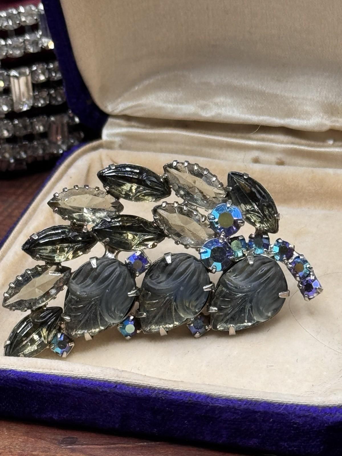 Vintage Brooch Satin Lucite Leaf Rhinestone Grey Blue AB Floral 2.5”
