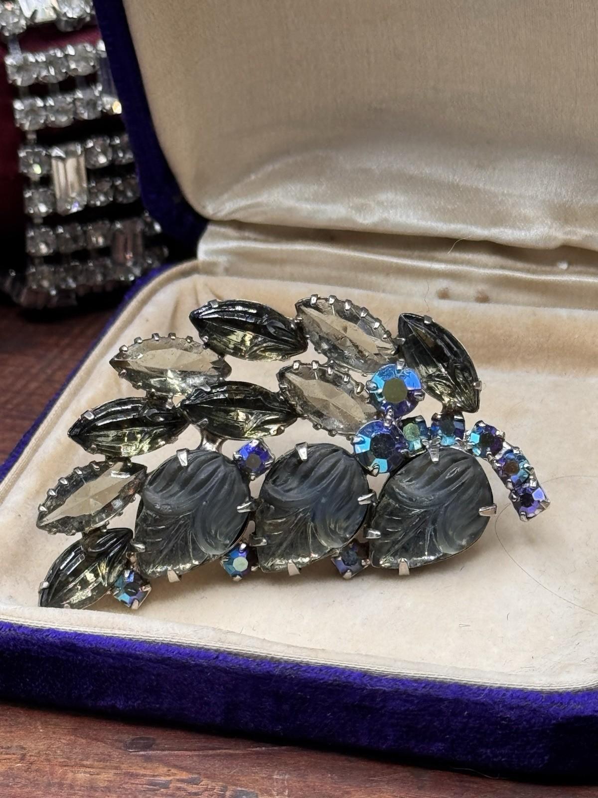 Vintage Brooch Satin Lucite Leaf Rhinestone Grey Blue AB Floral 2.5”