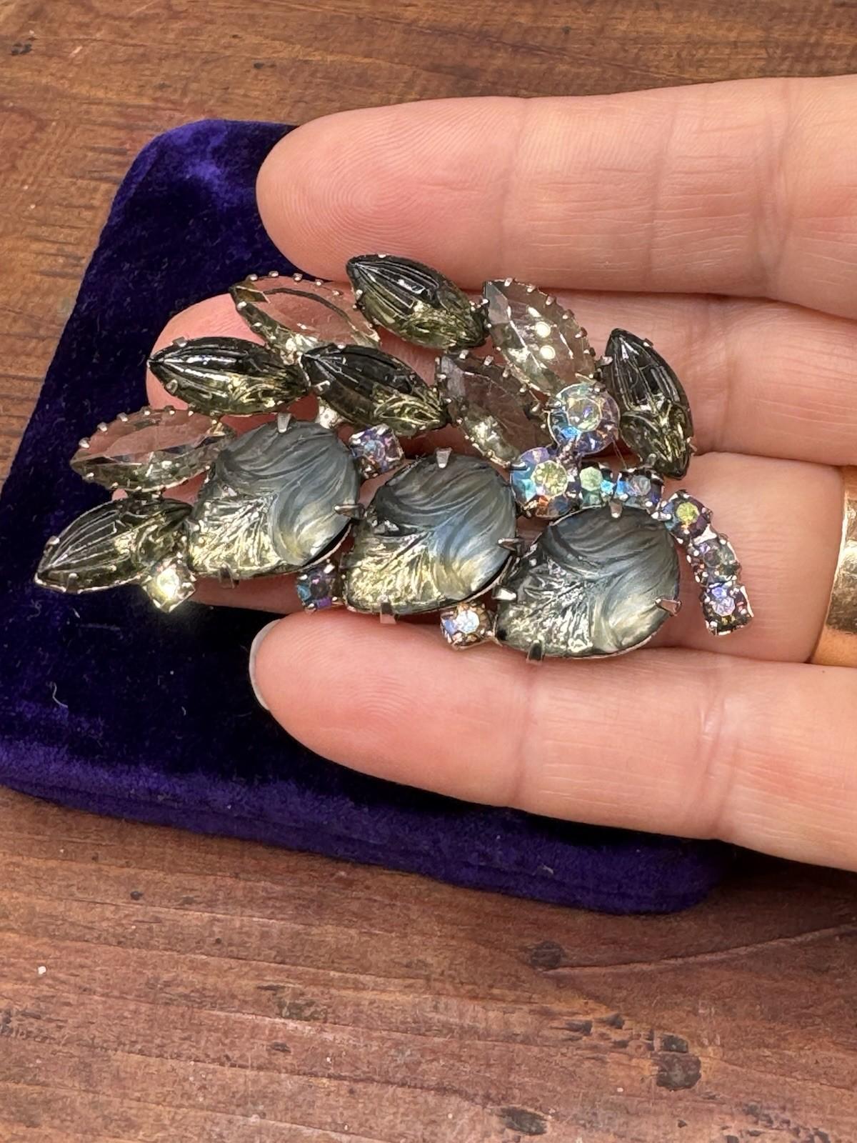Vintage Brooch Satin Lucite Leaf Rhinestone Grey Blue AB Floral 2.5”
