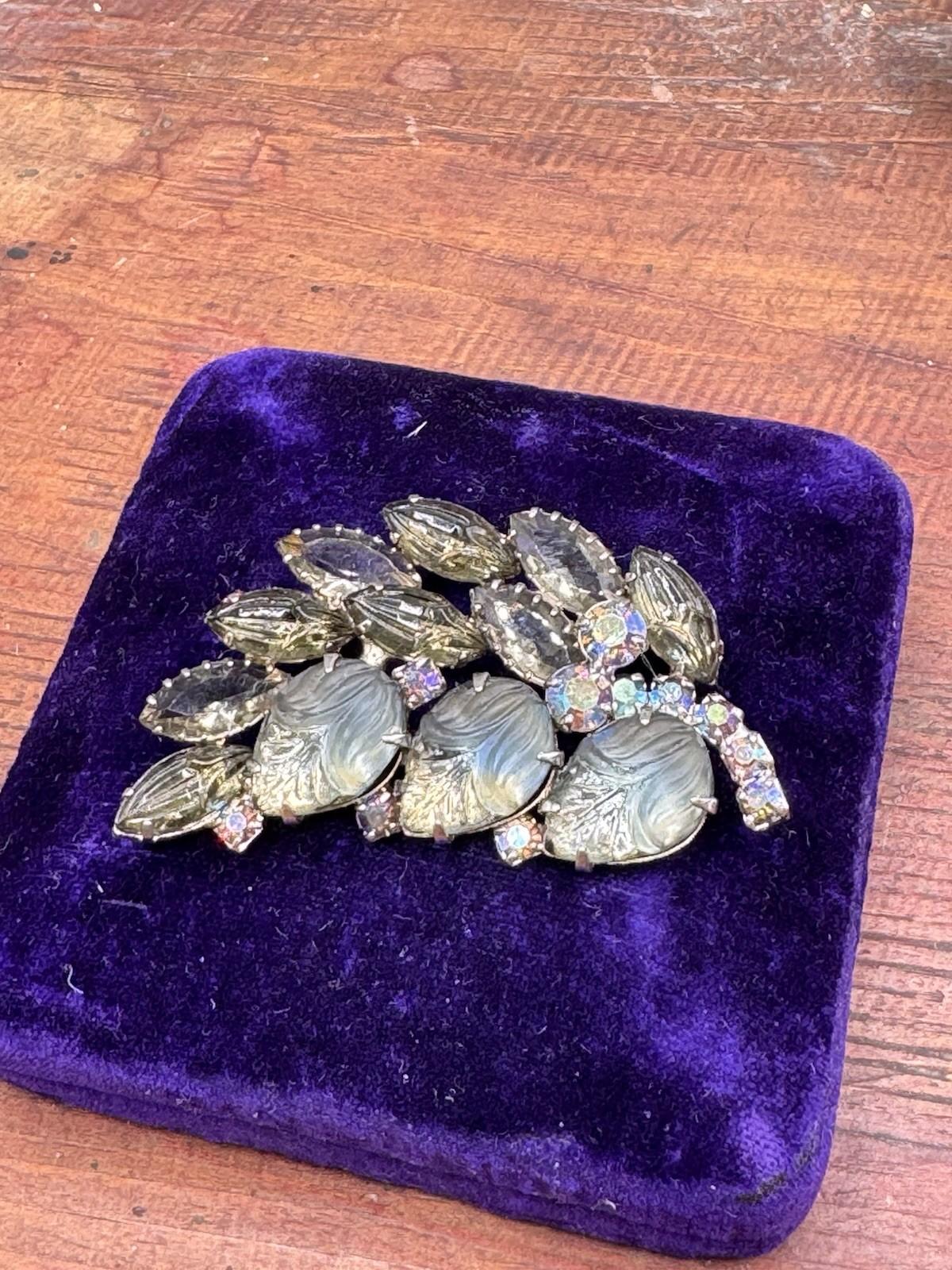 Vintage Brooch Satin Lucite Leaf Rhinestone Grey Blue AB Floral 2.5”
